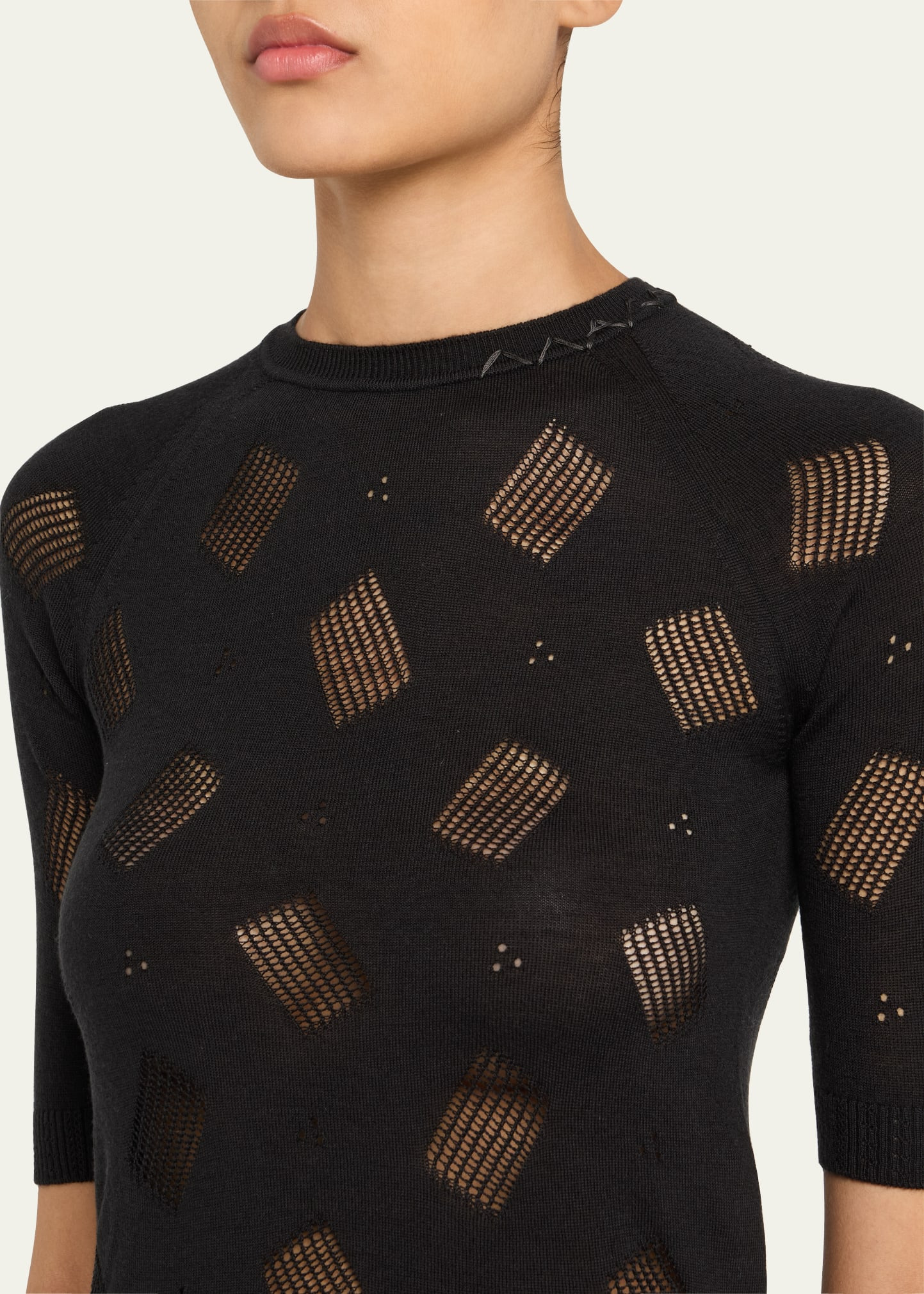 Short-Sleeve Perforated Knit Slim Sweater - 5