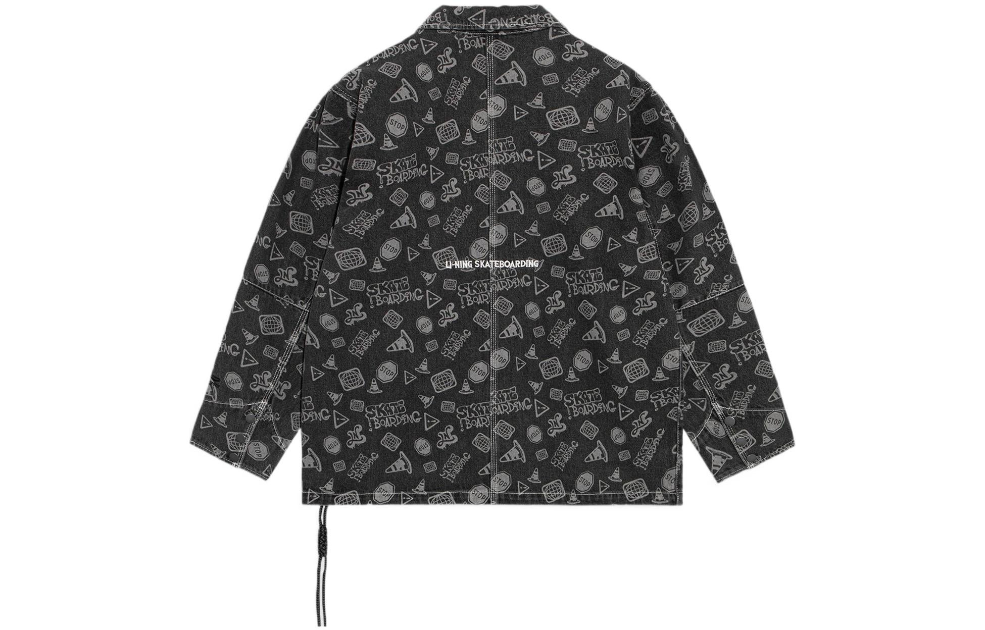Li-Ning Skateboard Series Full Print Loose Washed Denim Jacket 'Black Grey' AJDS047-4 - 2