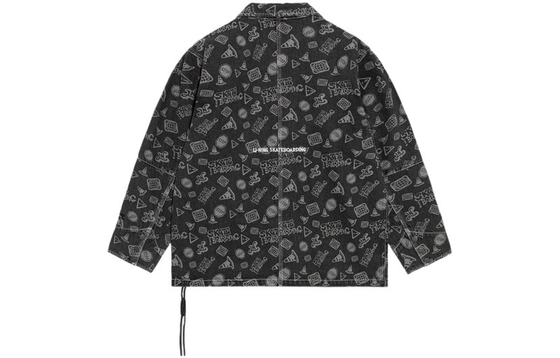 Li-Ning Li-Ning Skateboard Series Full Print Loose Washed Denim Jacket 'Black Grey' AJDS047-4 outlook