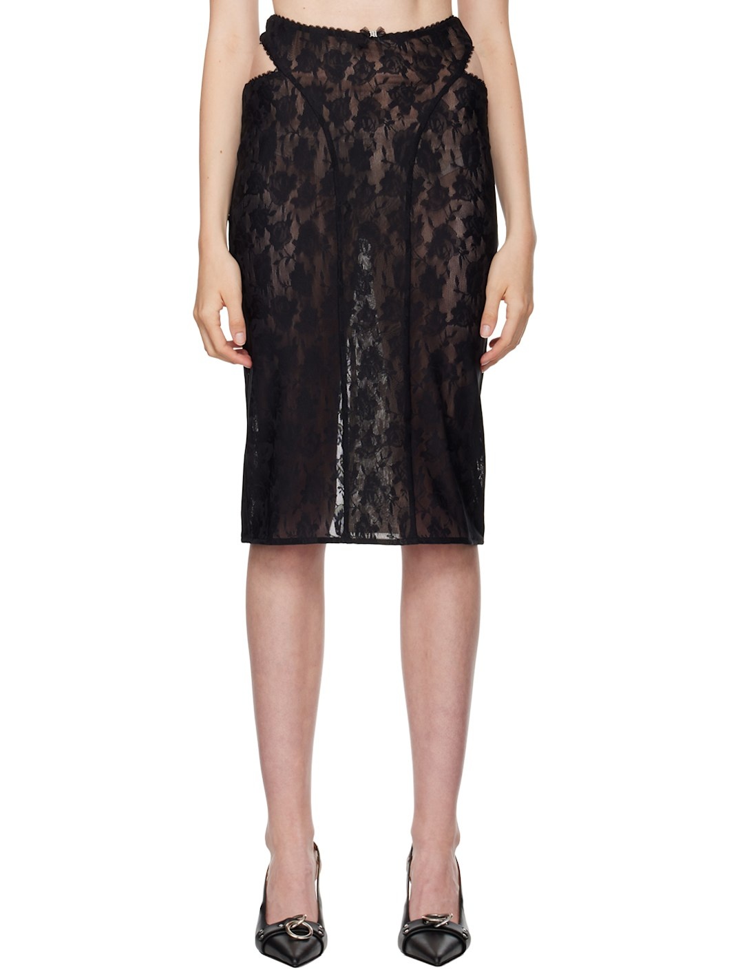 Black Lace Cut Out Midi Skirt - 1
