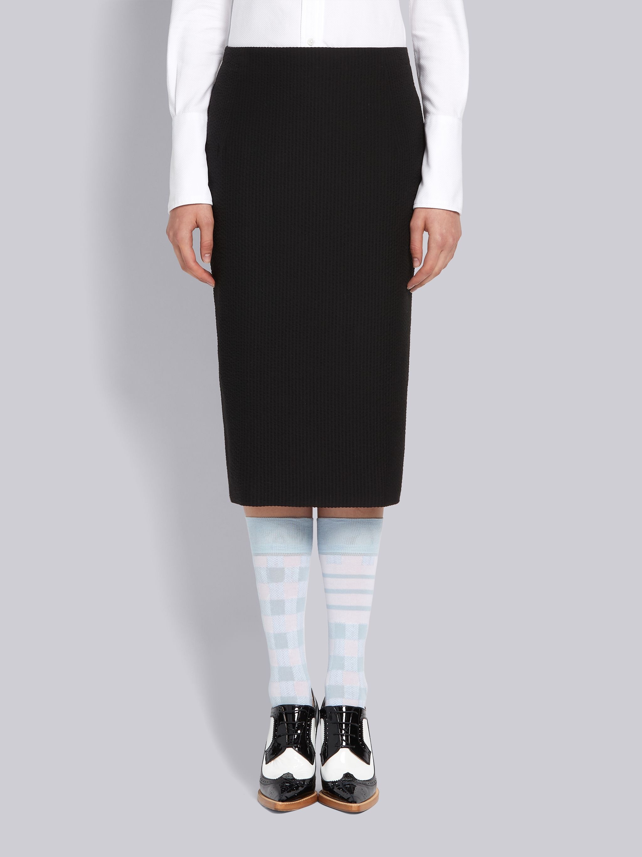 Black Cashmere Seersucker Sheath Low-Rise Knee-Length Pencil Skirt - 1