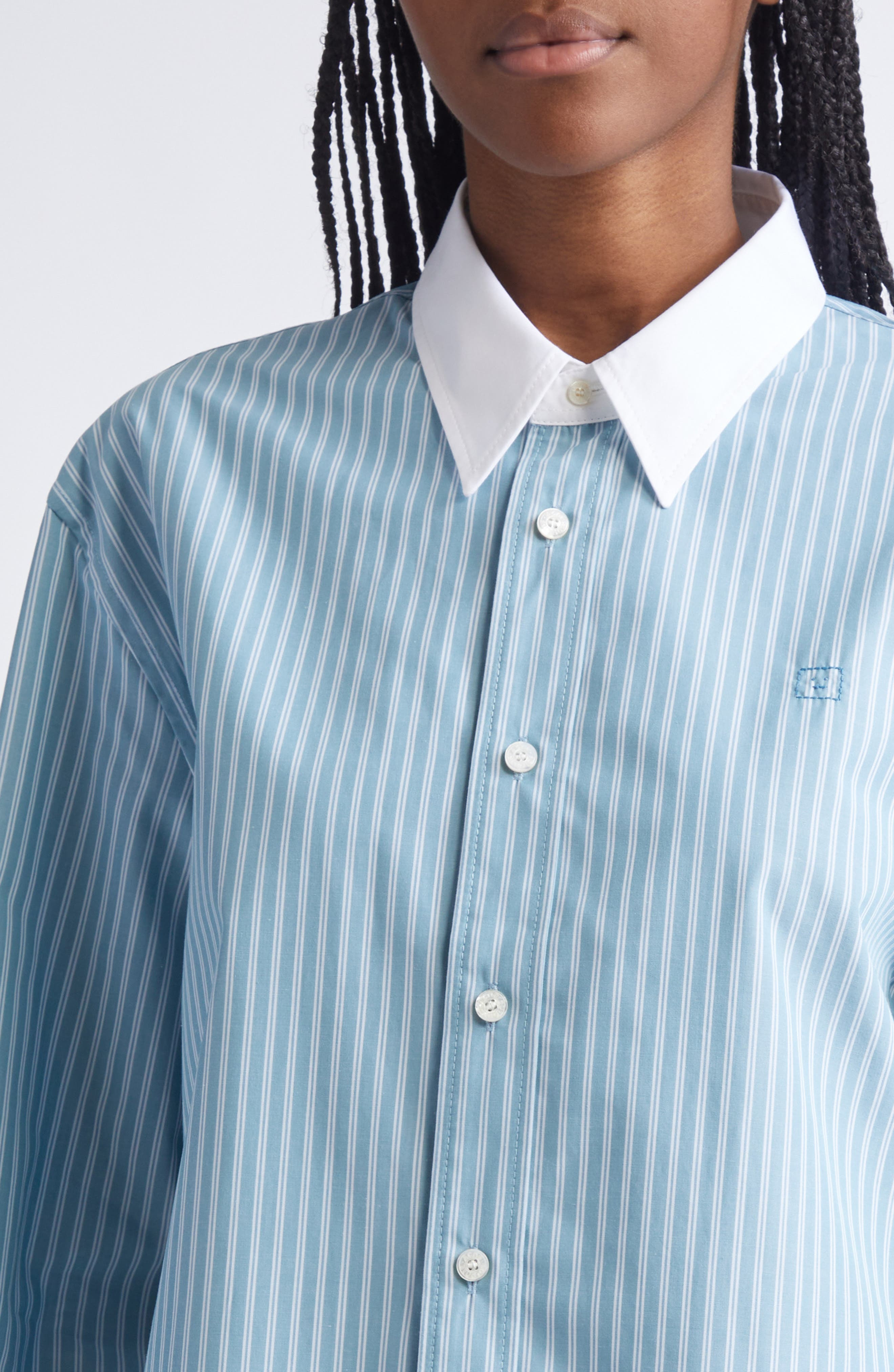 Acne Studios Sunnie Stripe Organic Cotton Poplin Button-Up Shirt in Turquoise Blue at Nordstrom - 5