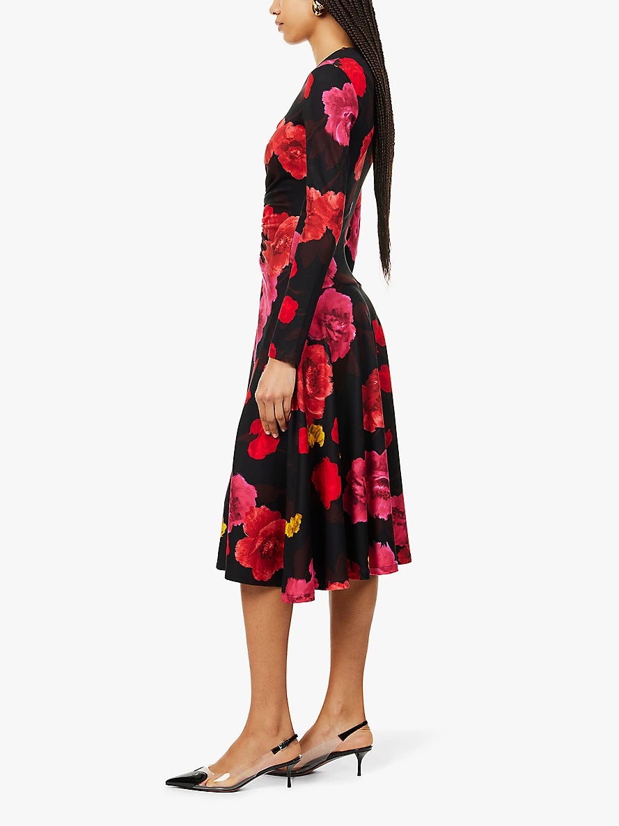 Floral-print ruched stretch-woven jersey midi dress - 3