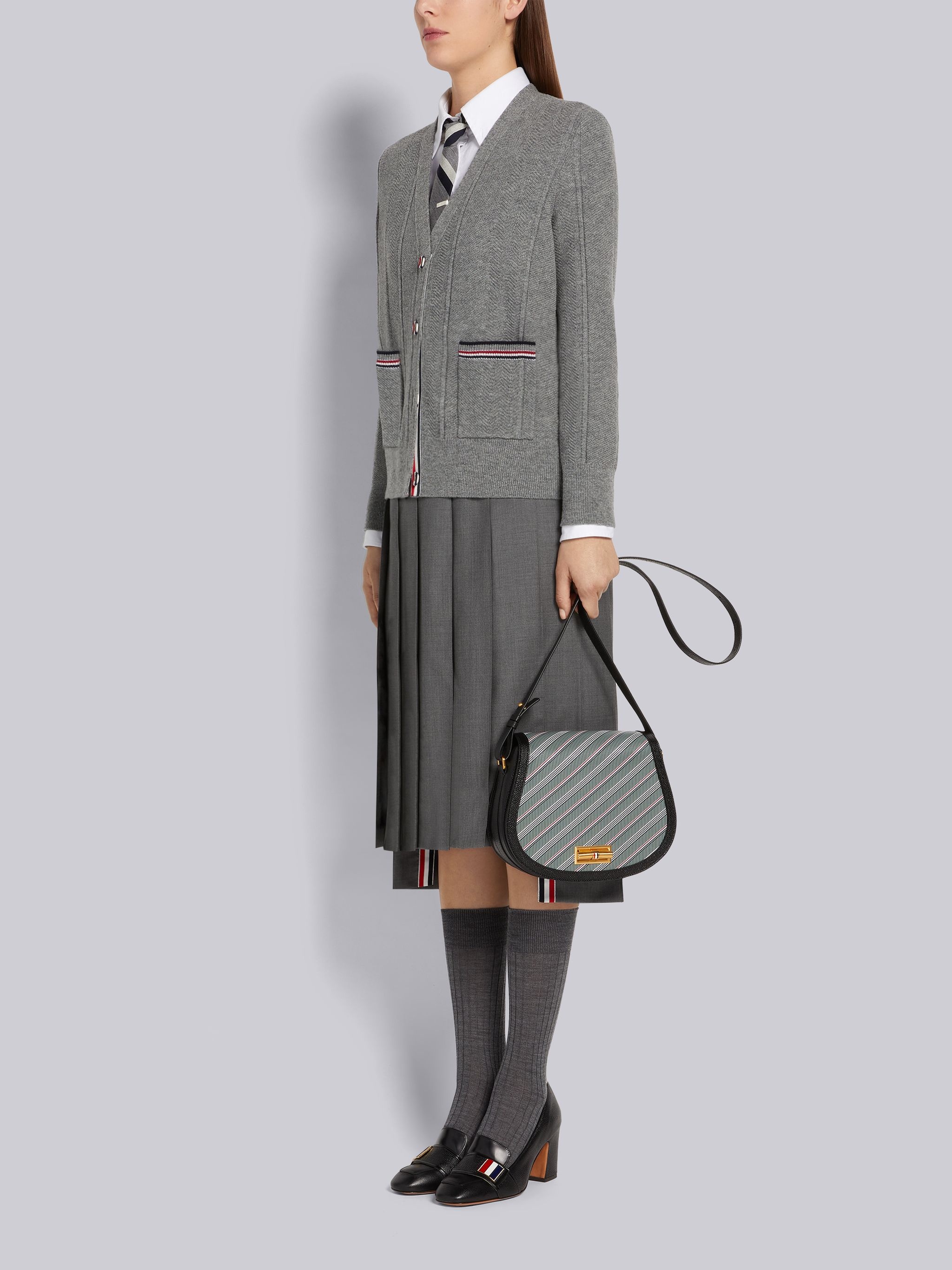 Medium Grey Monogram Coated Canvas Leather Frame Stripe Enamel Lock Saddle Shoulder Bag - 6