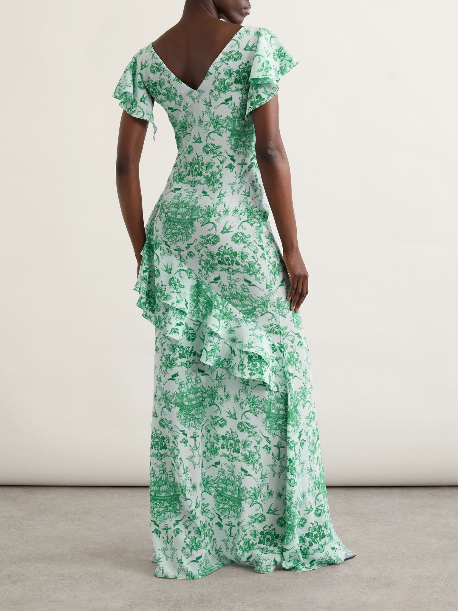Asymmetric ruffled printed silk-satin maxi dress Green - 3