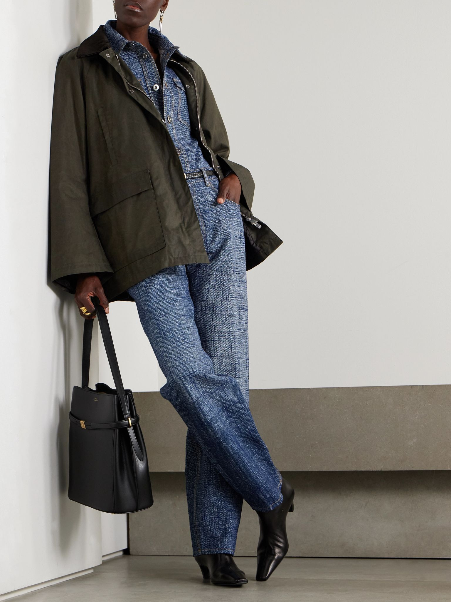 Oversized corduroy-trimmed waxed organic cotton jacket Green - 2