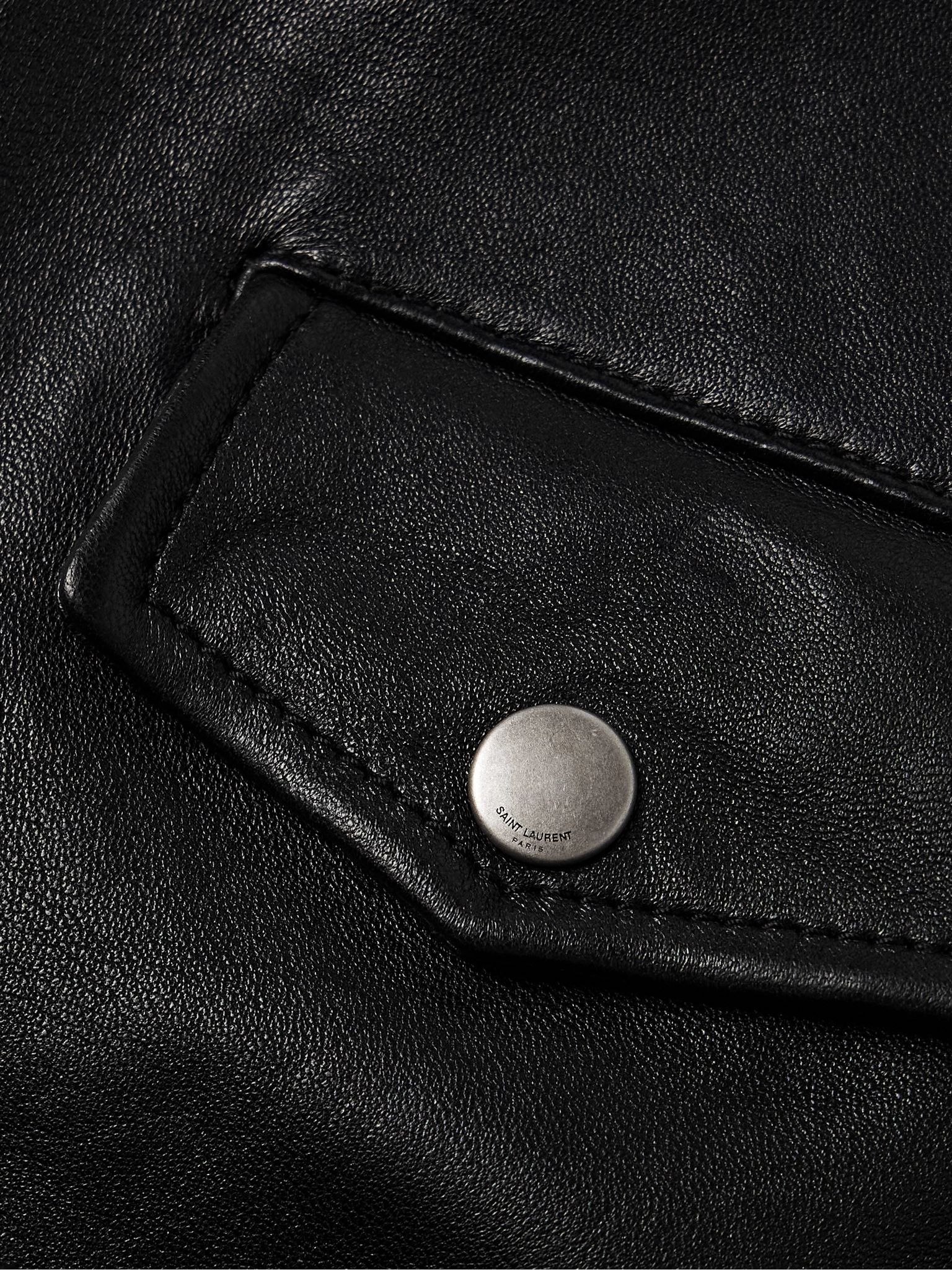 Belted Leather Biker Jacket Black - 6