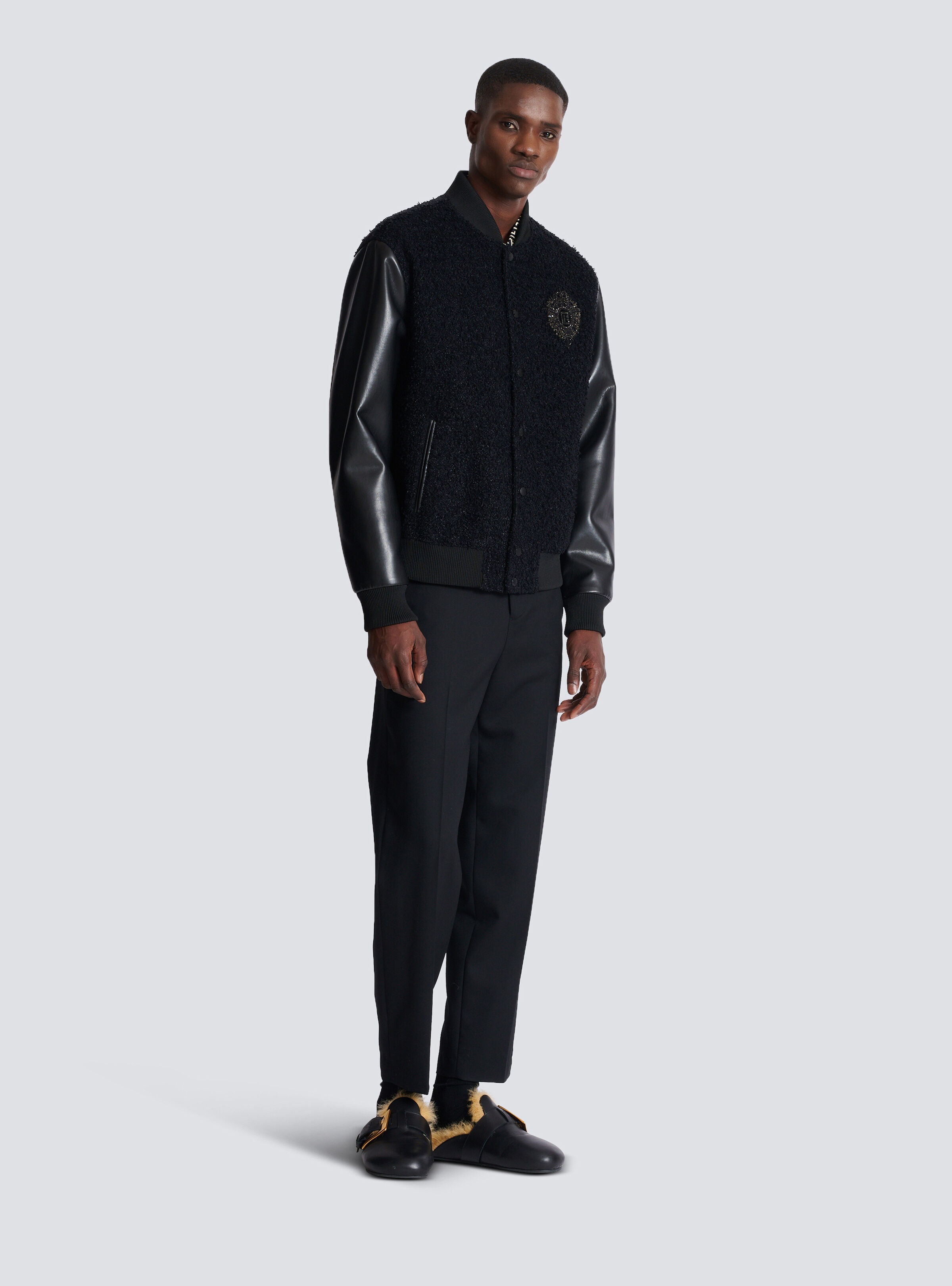 Varsity tweed and faux leather jacket - 3
