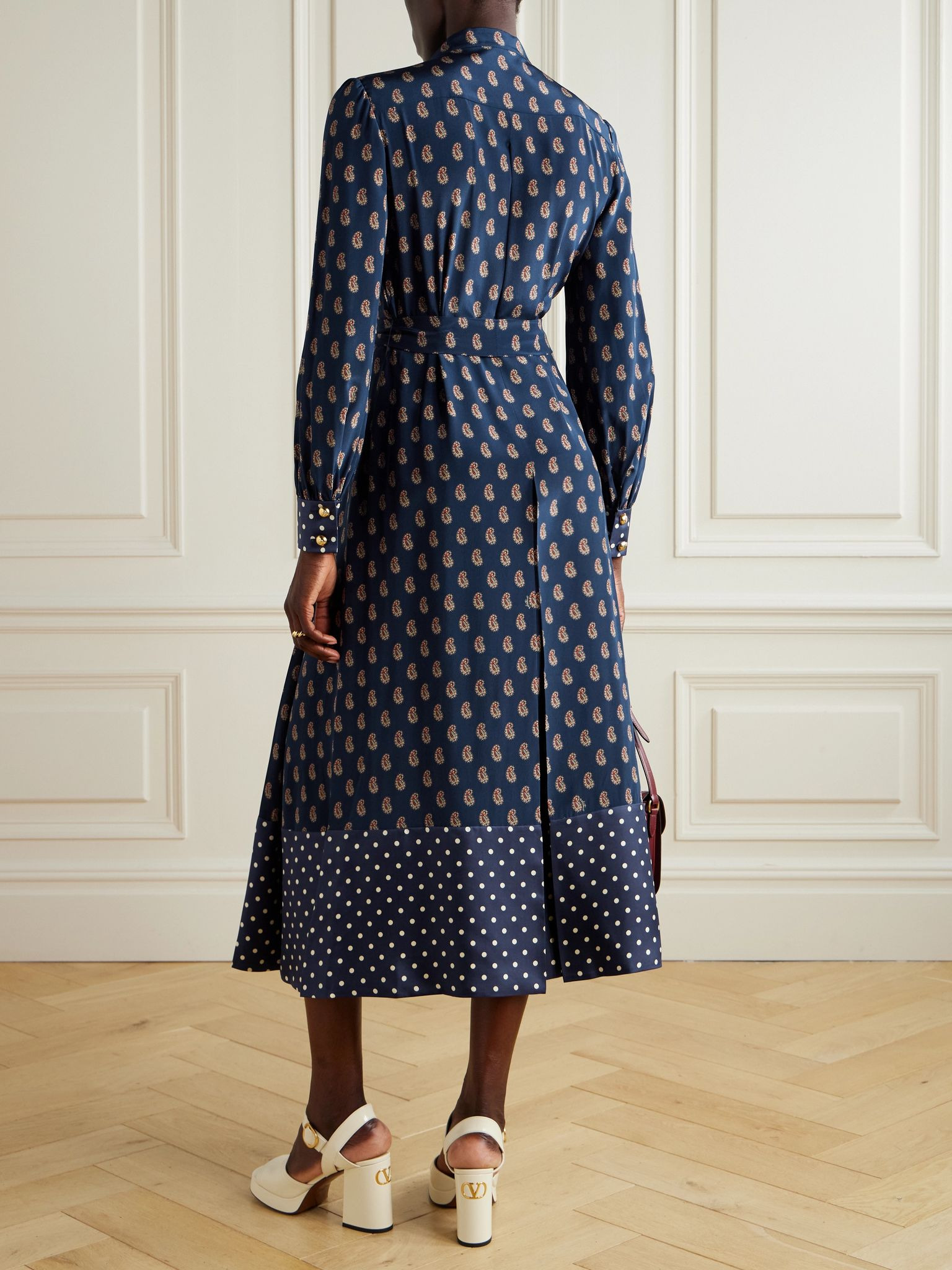 Fringed belted printed silk-satin midi shirt dress Navy - 3
