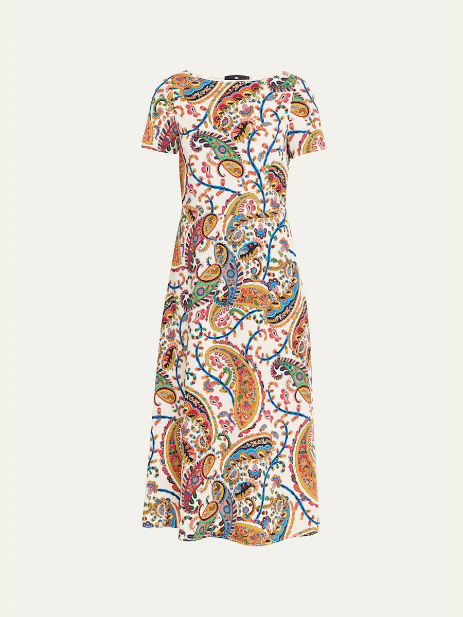 Paisley-Print Short-Sleeve A-Line Midi Dress - 1