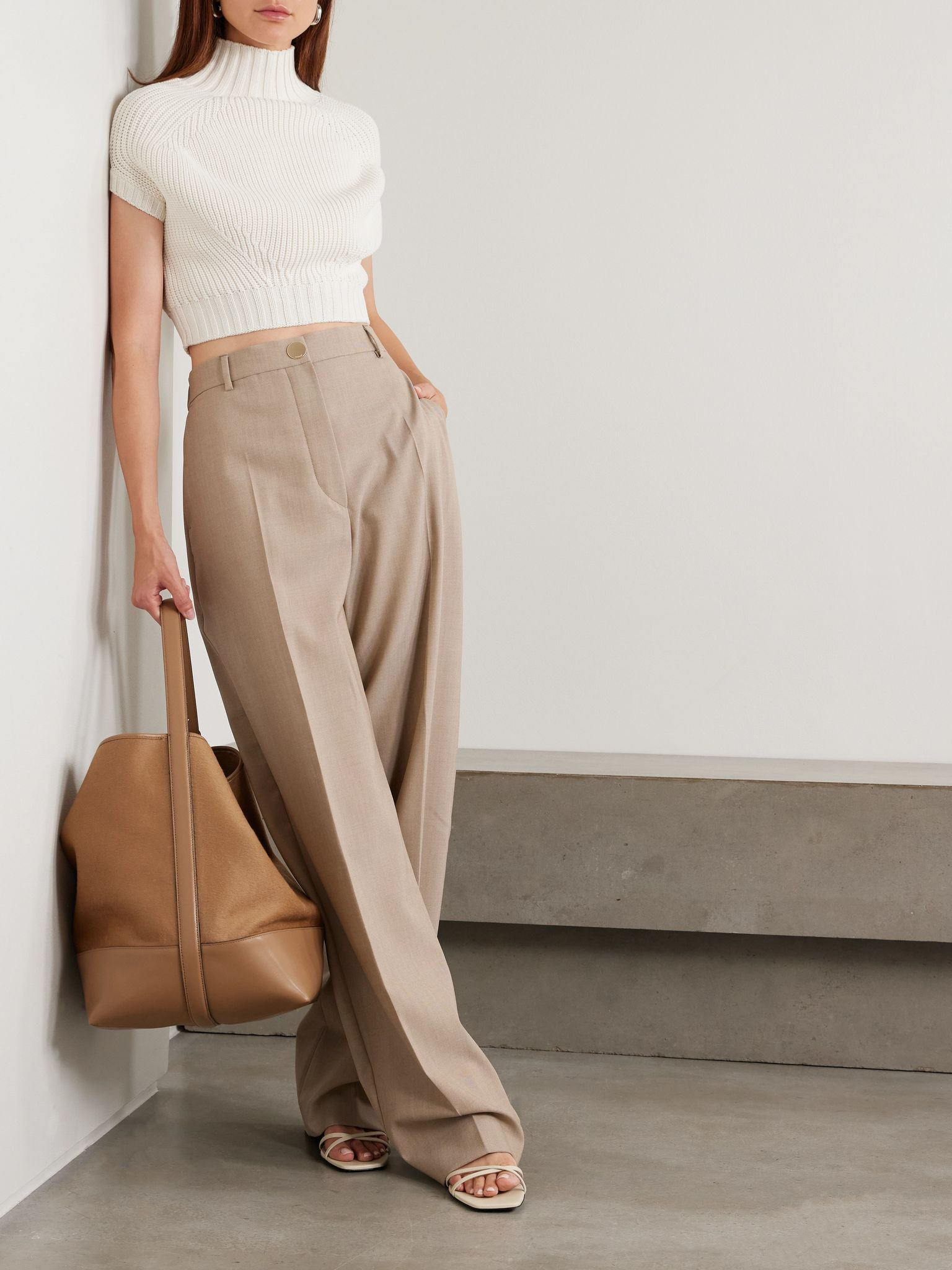 Balloon cropped ribbed cotton-blend sweater Ivory - 2