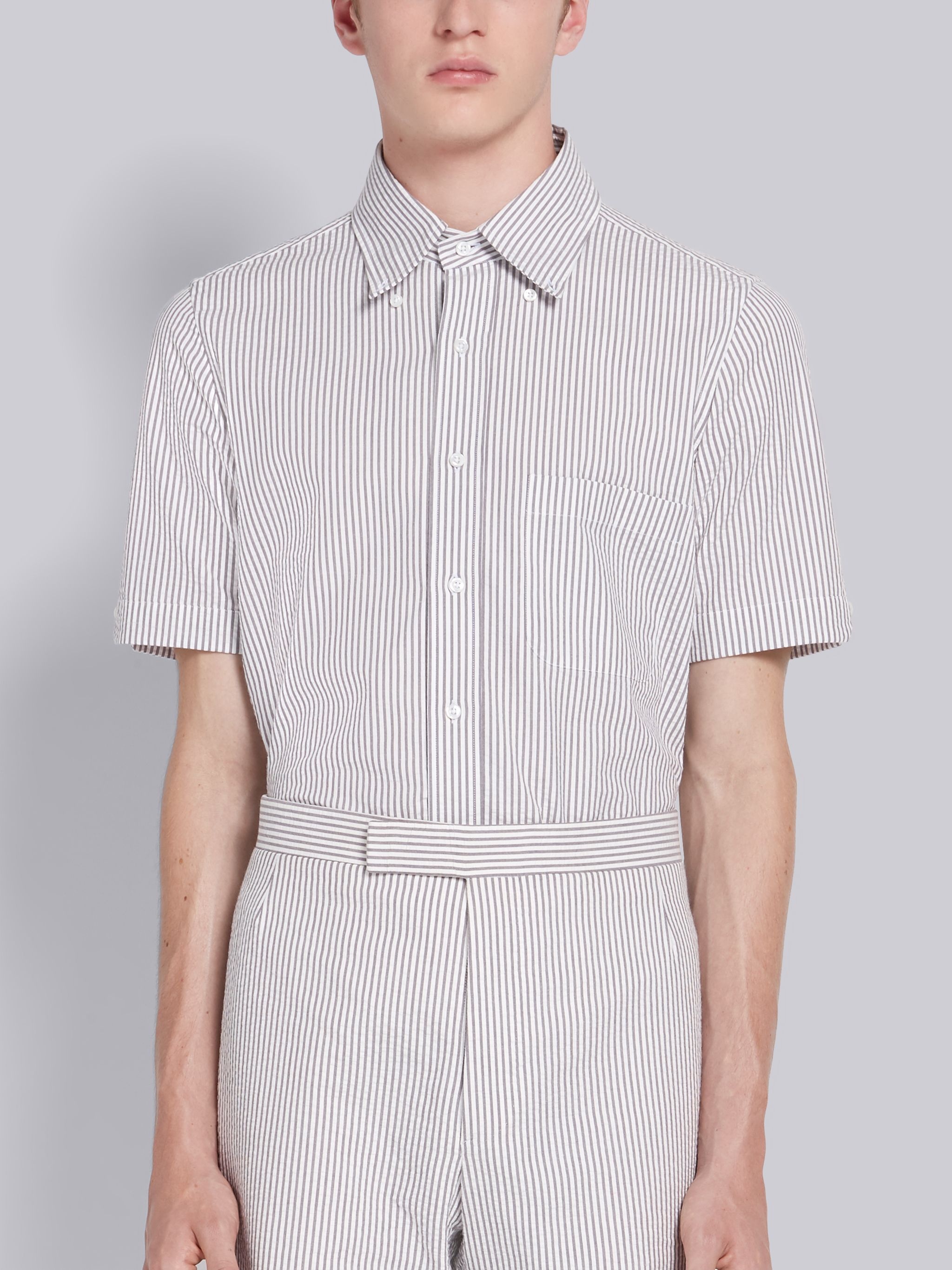 Medium Grey Seersucker Stripe Short Sleeve Shirt - 1