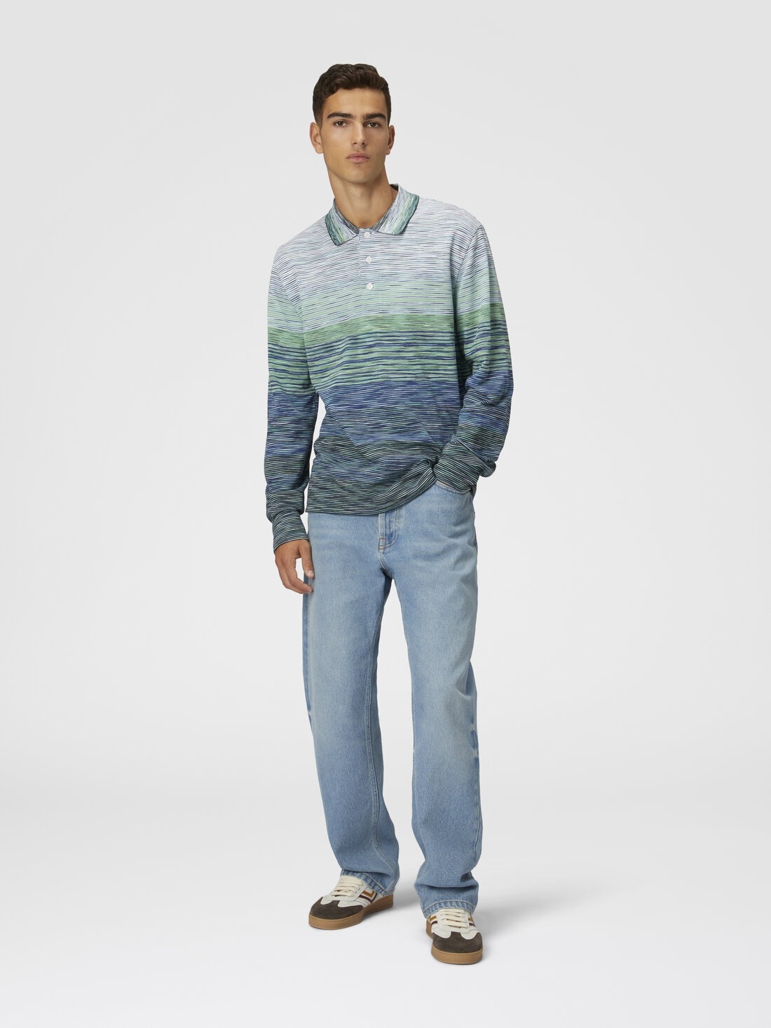 Gradient slub cotton piqué polo shirt with long sleeves - 2
