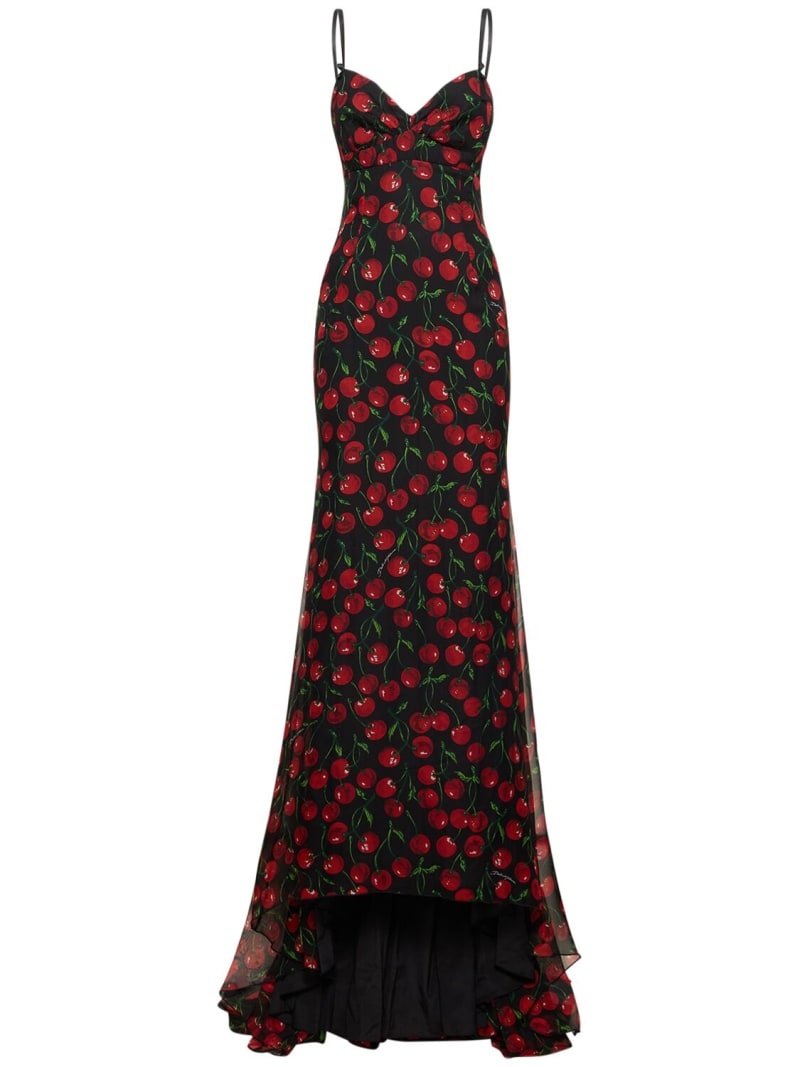 Cherry printed silk chiffon gown - 1