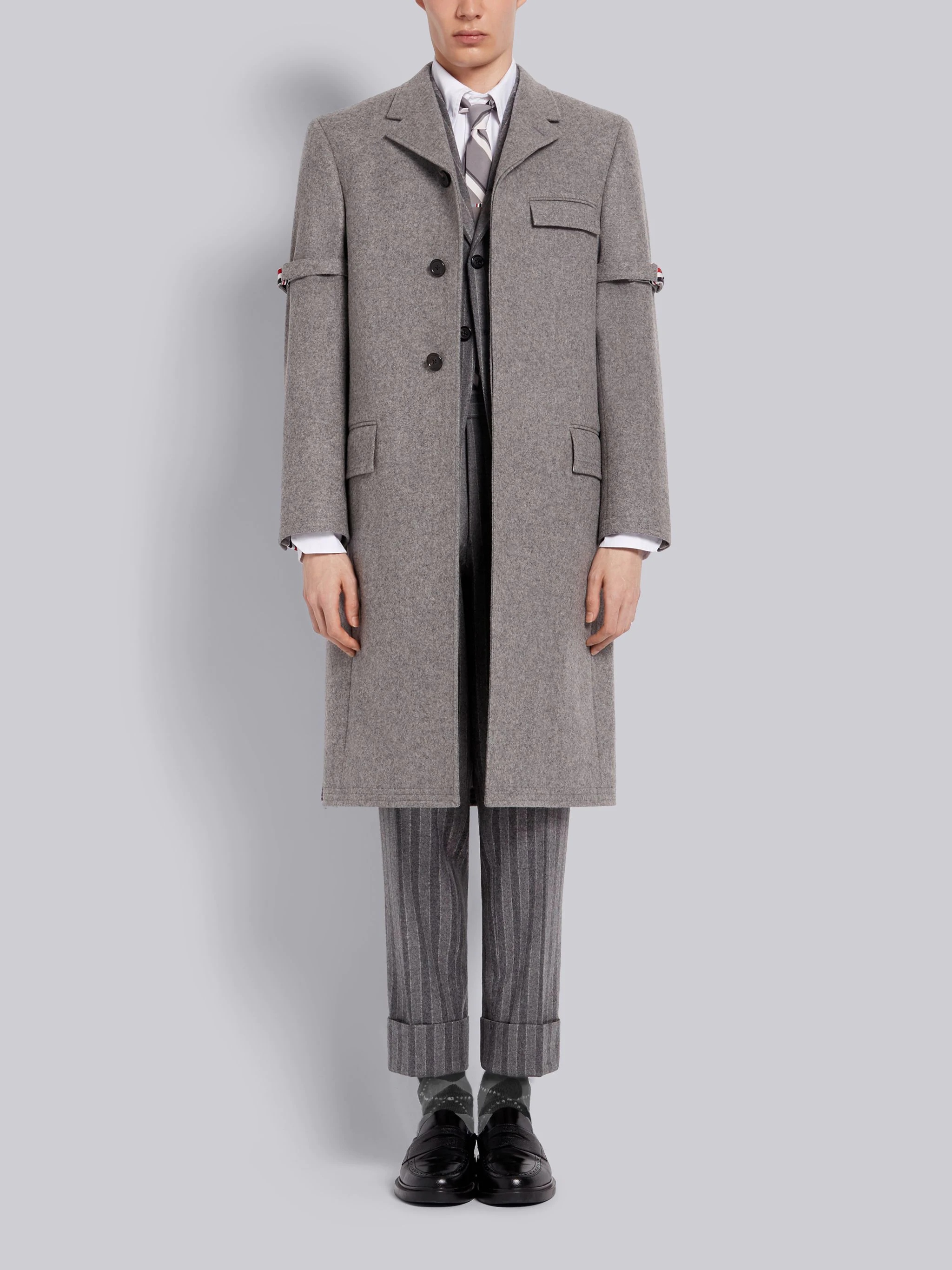 Light Grey Melton Wool Removable Grosgrain Armband Classic Chesterfield Overcoat - 4