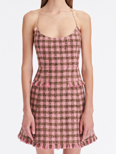 Oscar de la Renta CHECKERED TWEED JEWELED HALTER DRESS outlook