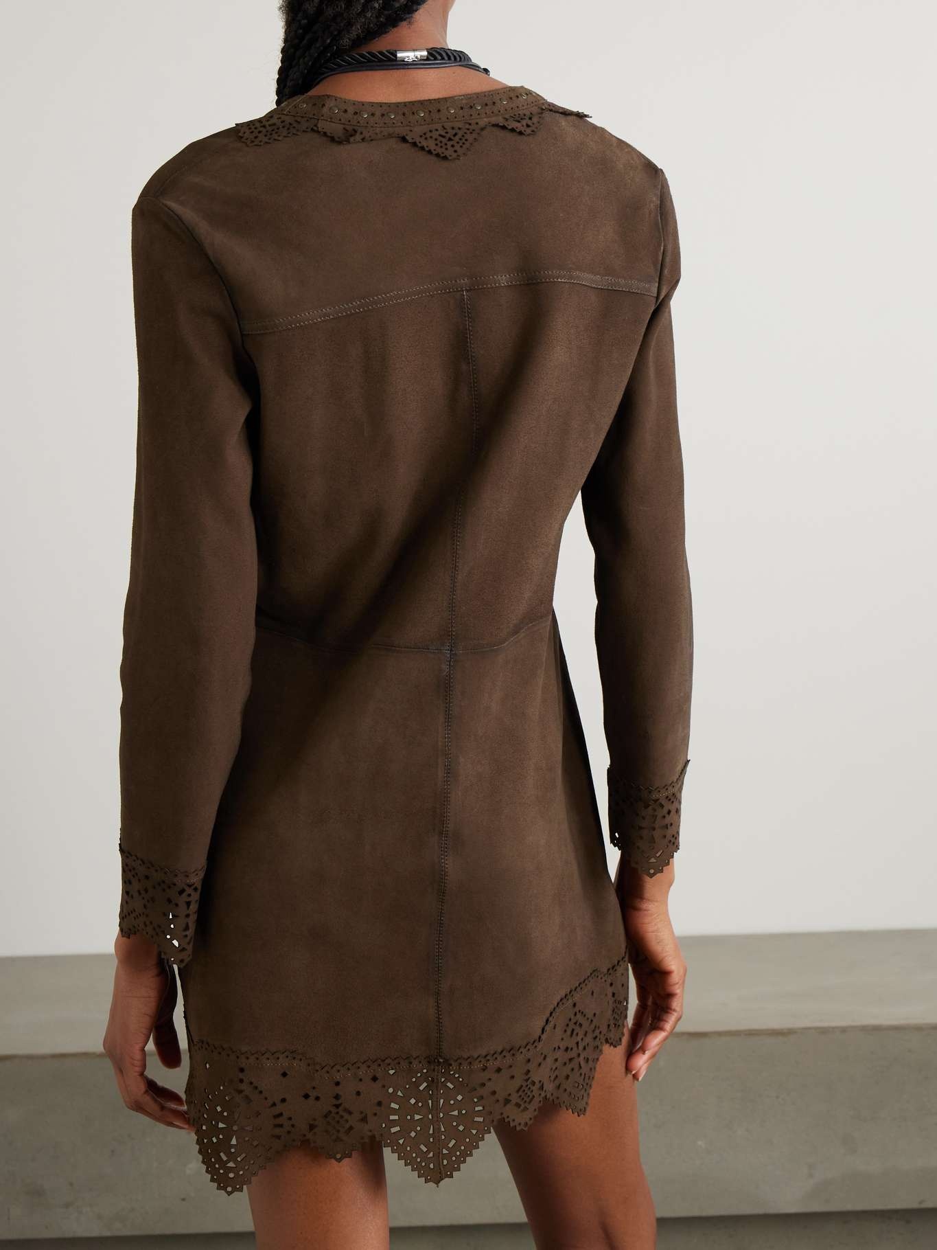 Charlina lace-up scalloped perforated suede mini dress Brown - 3