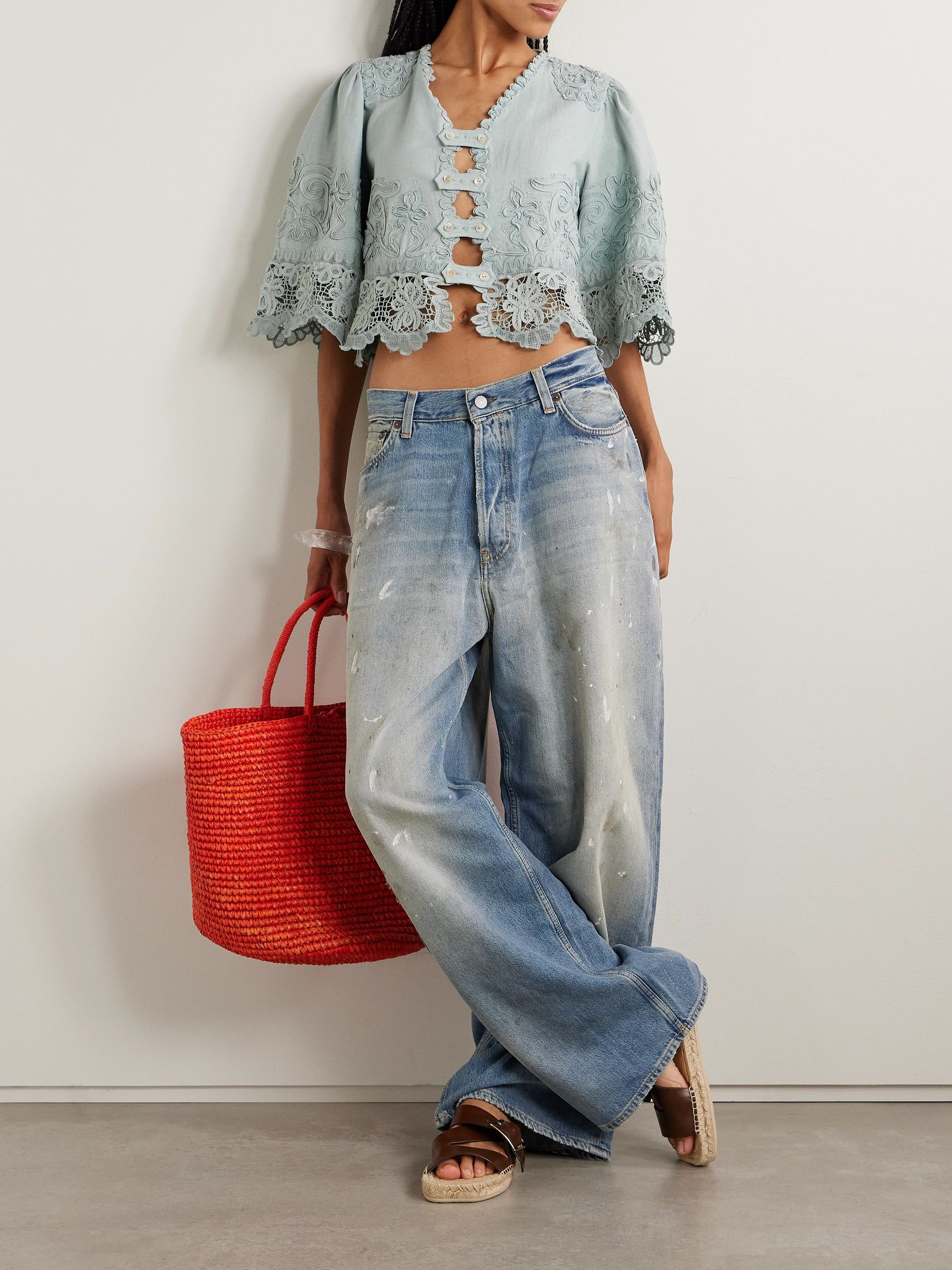 Iyla cropped embroidered broderie anglaise cotton and linen-blend top Blue - 2