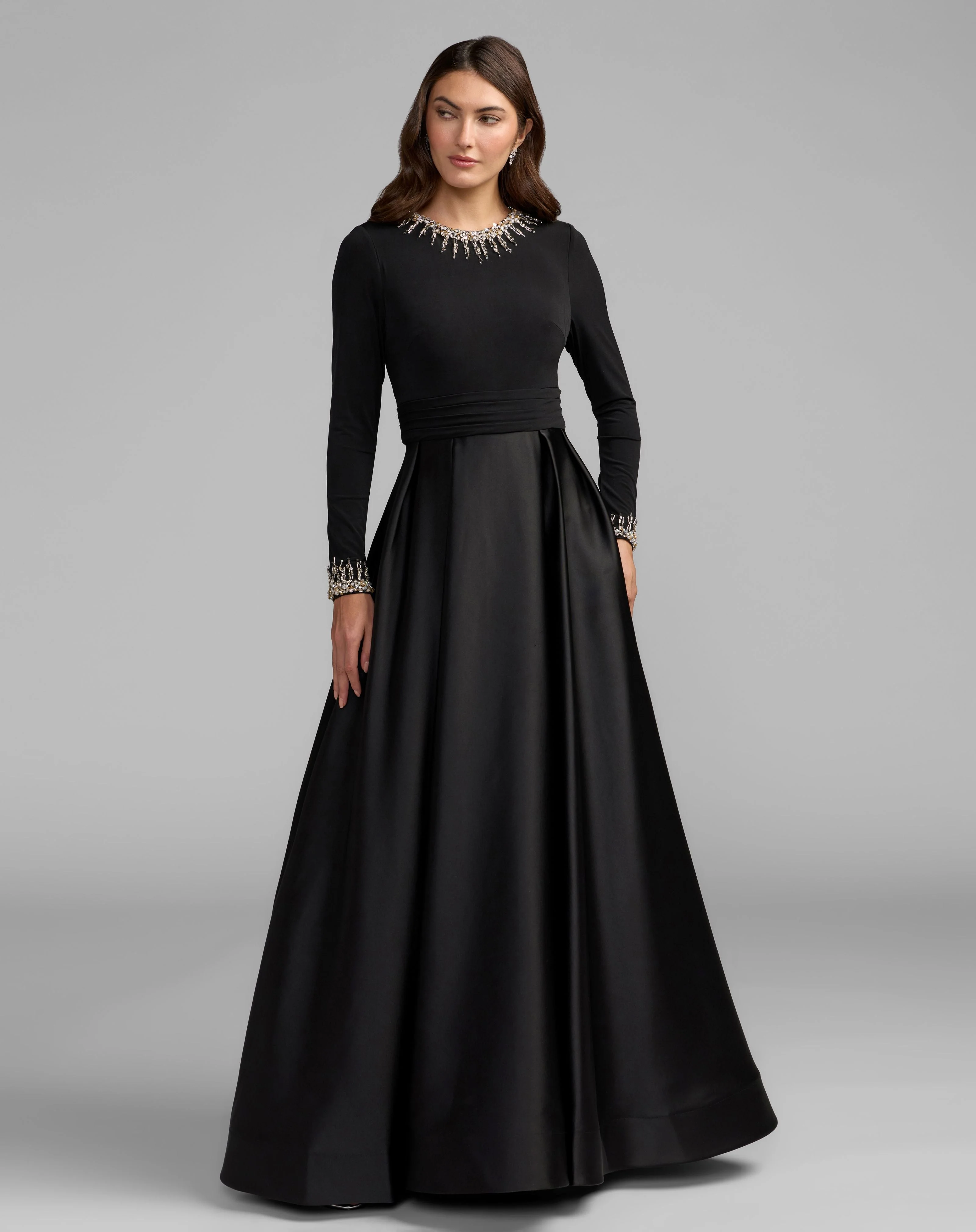 Black Jersey and Satin Long Sleeve A-Line Gown - 1