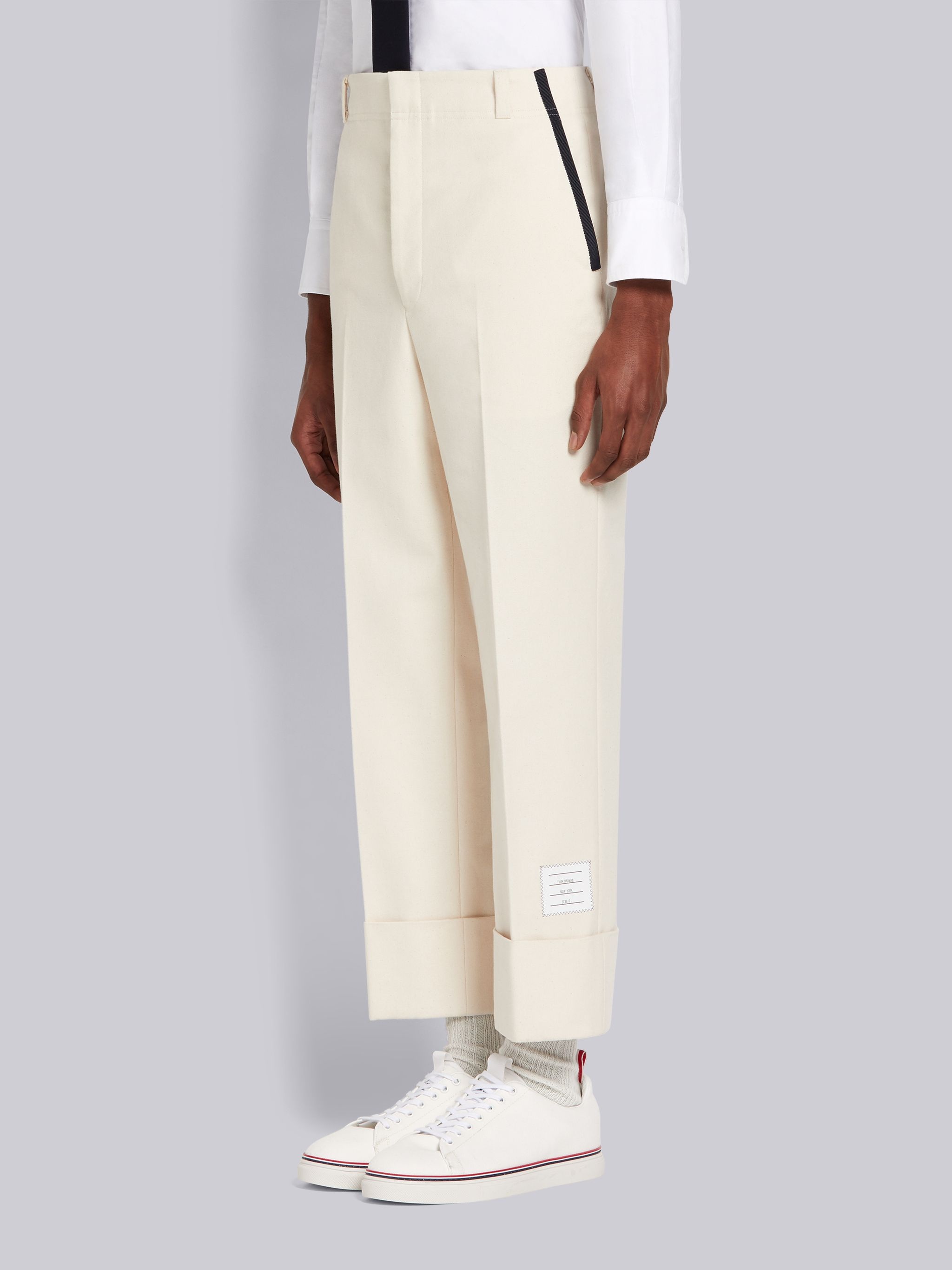 Off White Cotton Canvas Grosgrain Tipping Belt Loop Straight Leg Trouser - 2