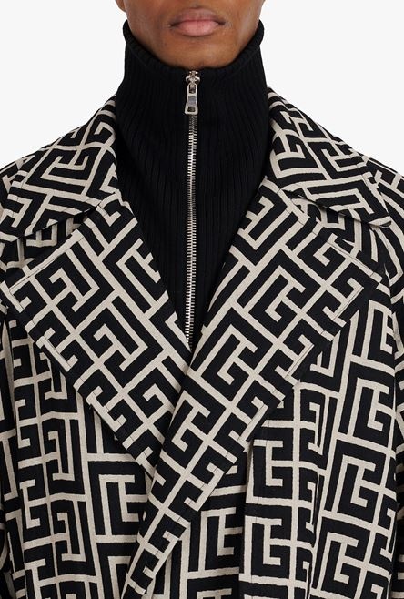 Bicolor ivory and black wool trench coat with Balmain monogram - 8