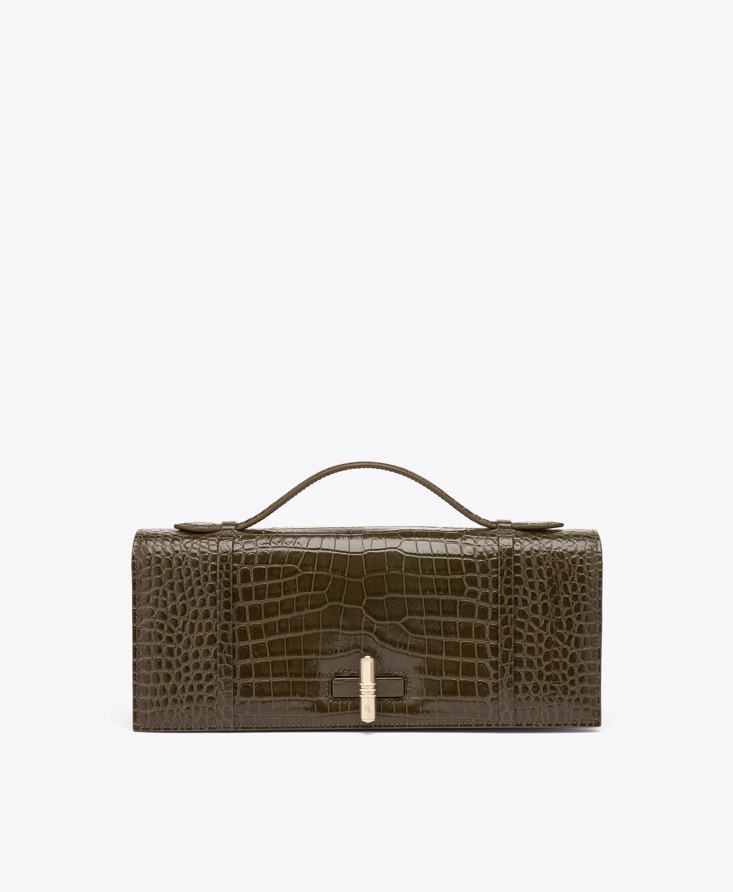 May Green Croc-Embossed Leather Clutch Bag - 1