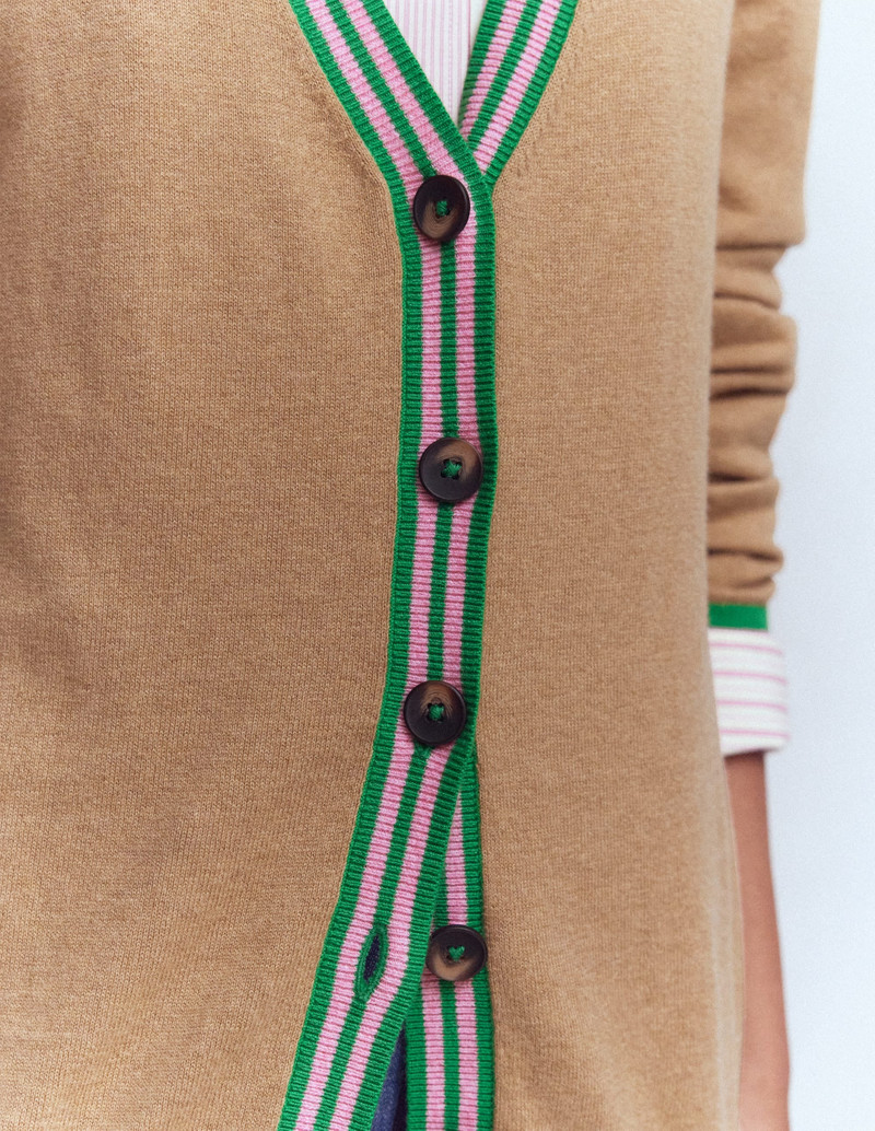 V Neck Longline Cardigan-Camel Melange 3
