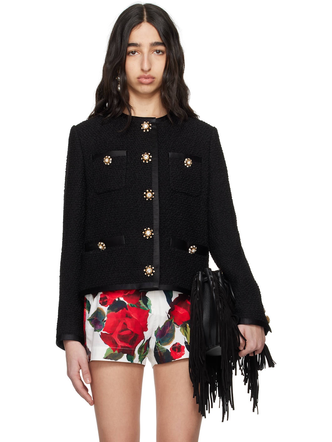 Black Cropped Single-Breasted Jacket - 1