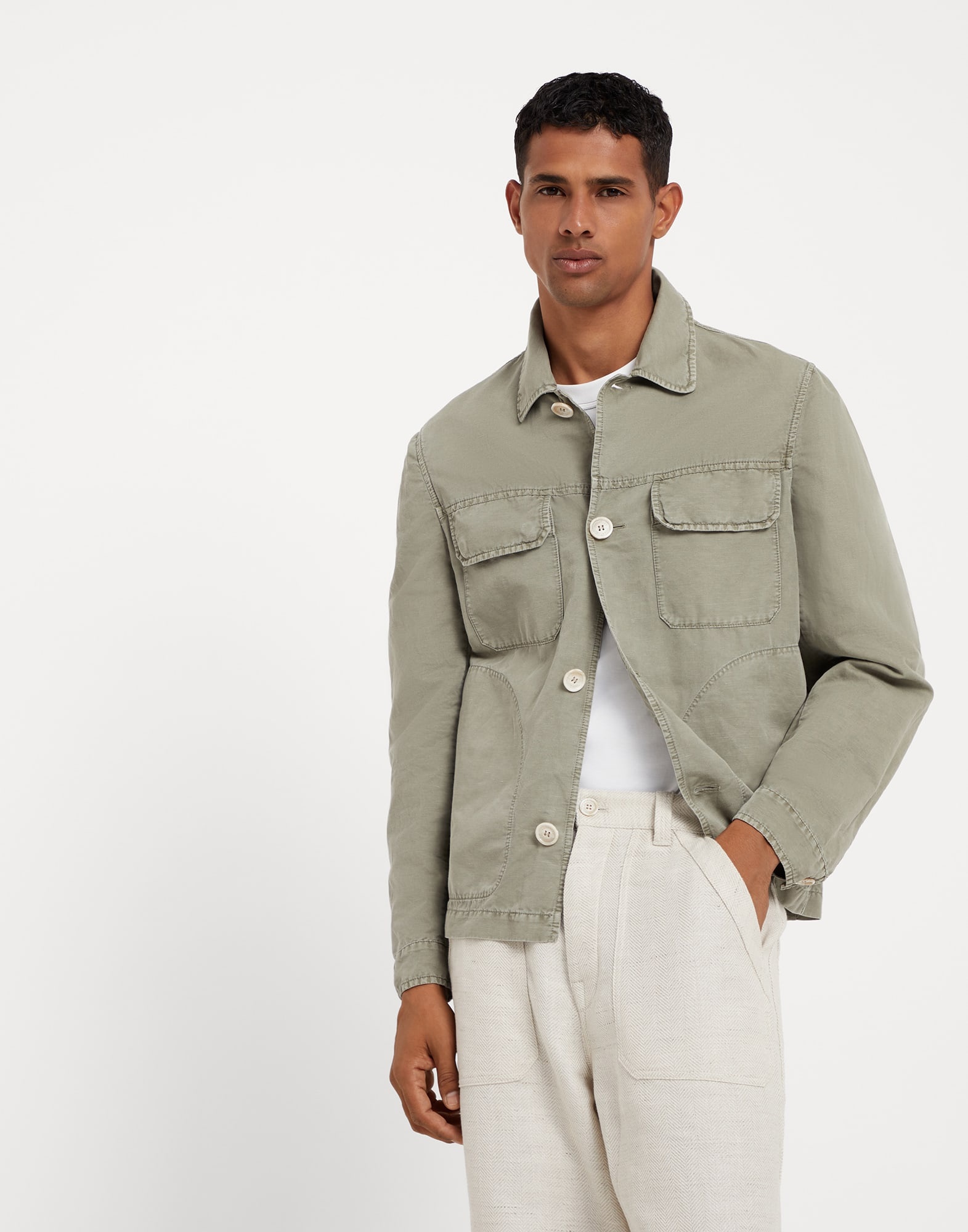 Garment-dyed overshirt in twisted linen and cotton gabardine - 1