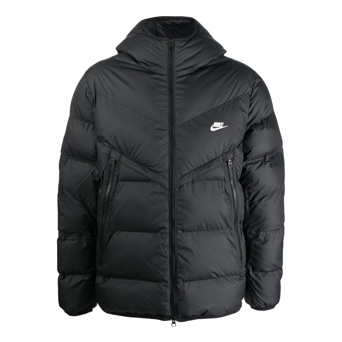 Men's Nike Solid Color Zipper Pocket logo Printing Hooded Down Jacket Black DR9605-010 - 1