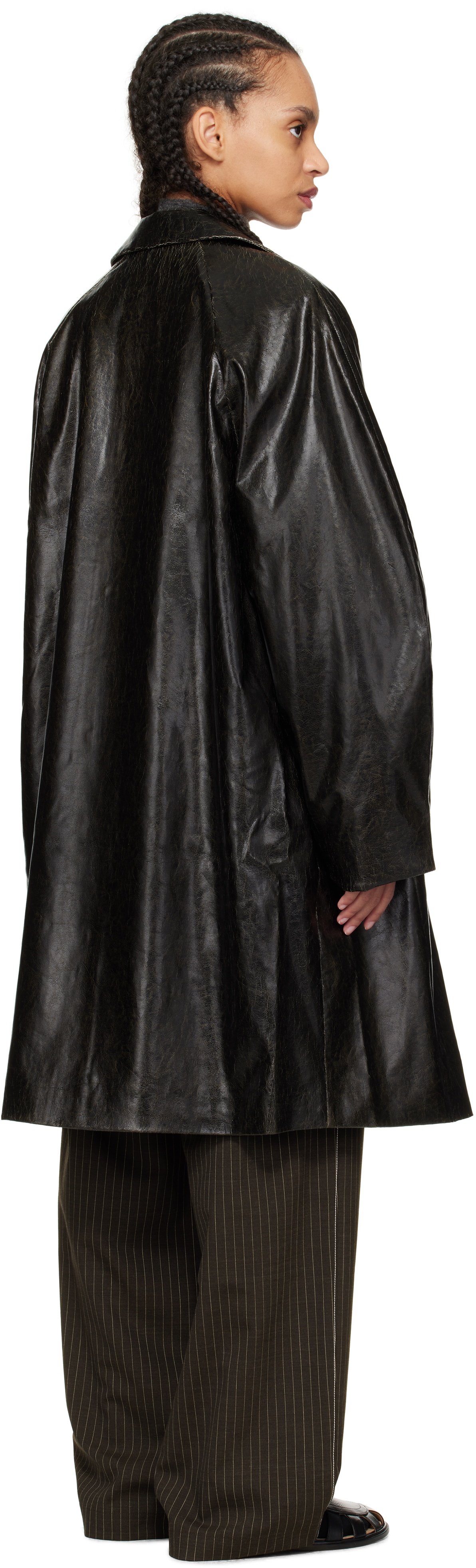 Black Scratched Faux-Leather Coat - 5