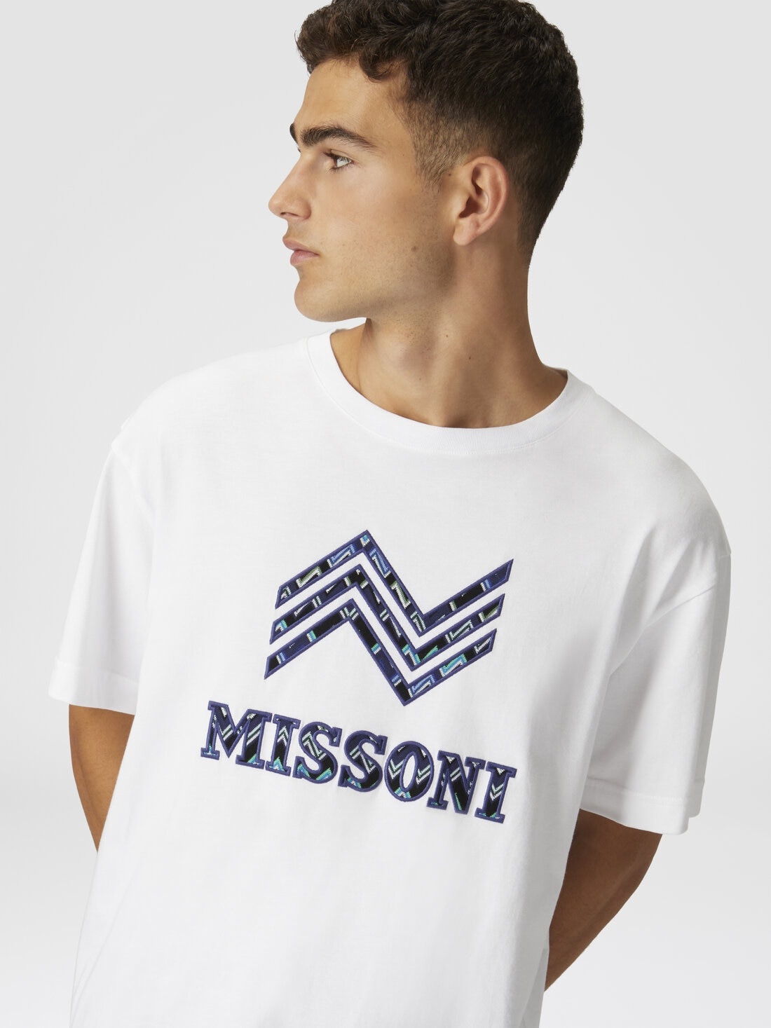 Cotton crewneck T-shirt with zigzag insert and logo lettering - 4