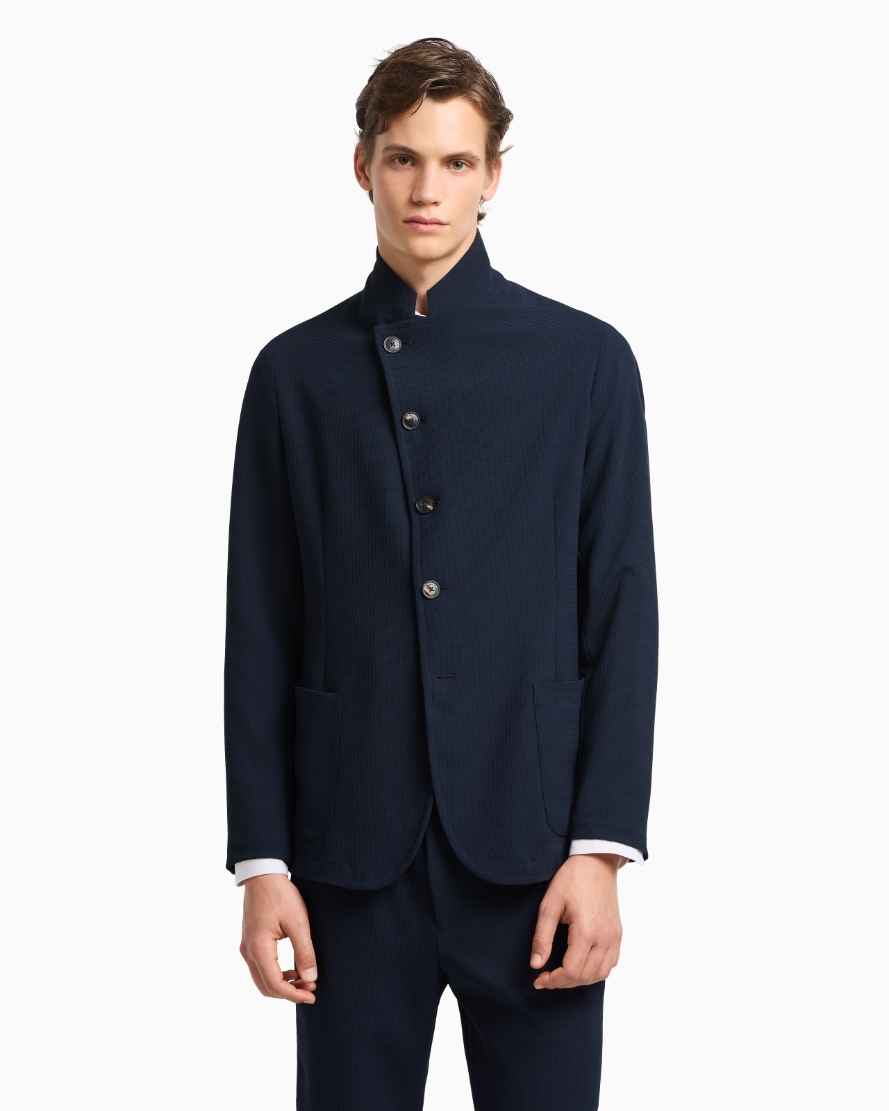 ICON GURU-COLLAR JACKET WITH OFF-CENTRE FASTENING, IN THREE-DIMENSIONAL PIQUÉ-EFFECT CRÊPE JERSEY - 4