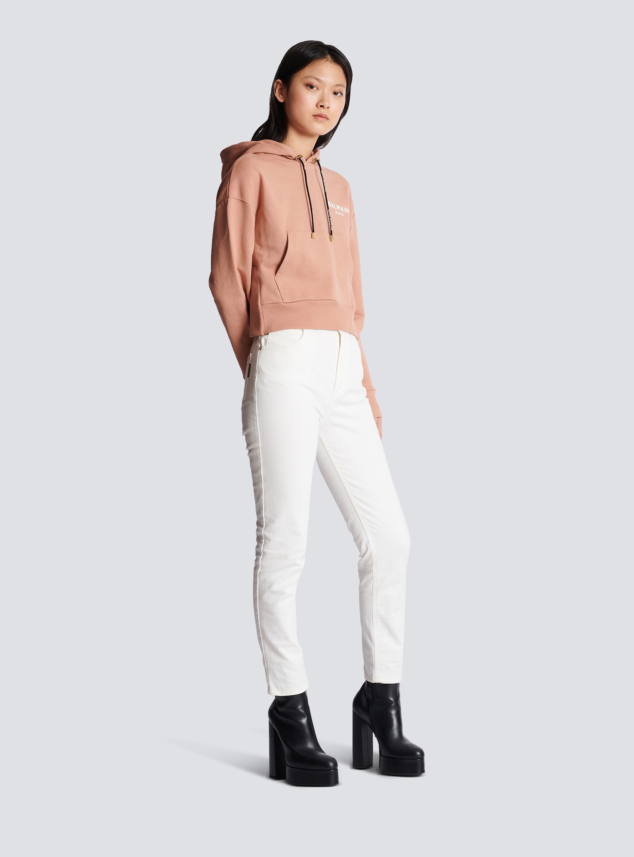 Cropped cotton sweatshirt with flocked Balmain logo - 3