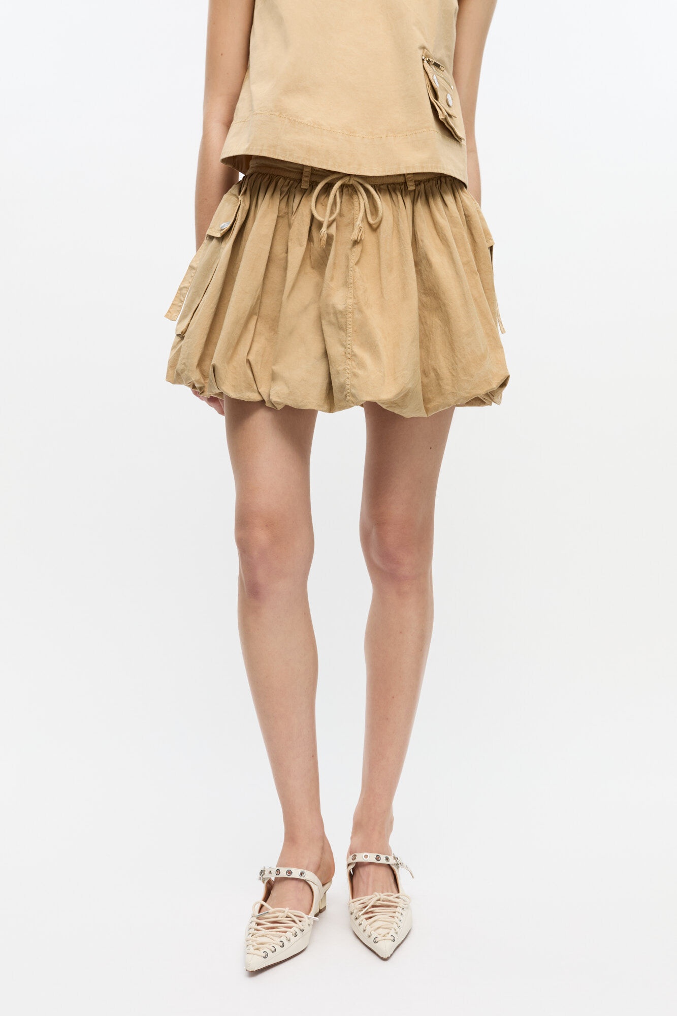 BEIGE WASHED COTTON MINI BUBBLE SKIRT - 3