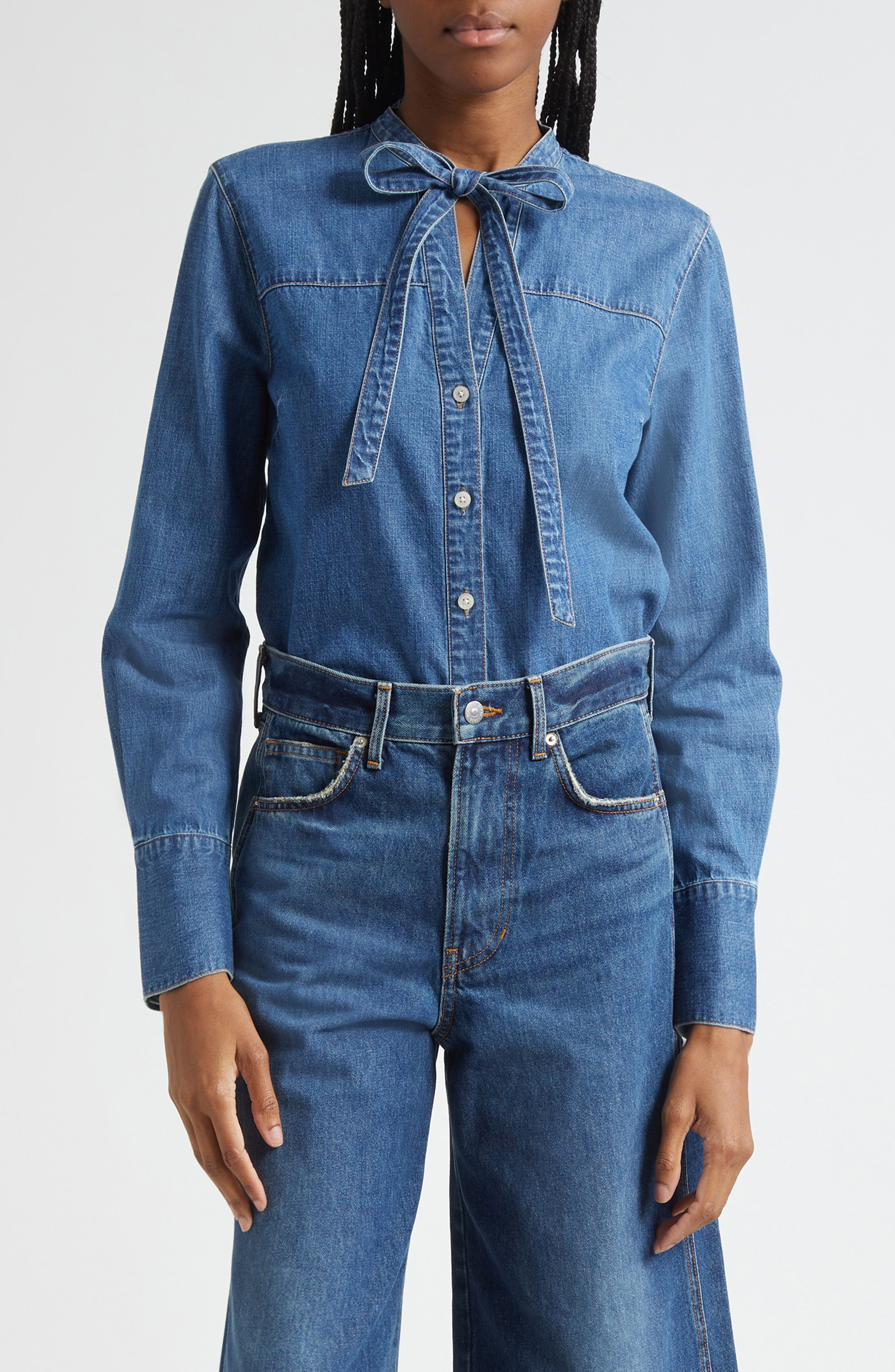 Veronica Beard Gabby Tie Neck Button-Up Denim Shirt in Serendipity at Nordstrom - 1