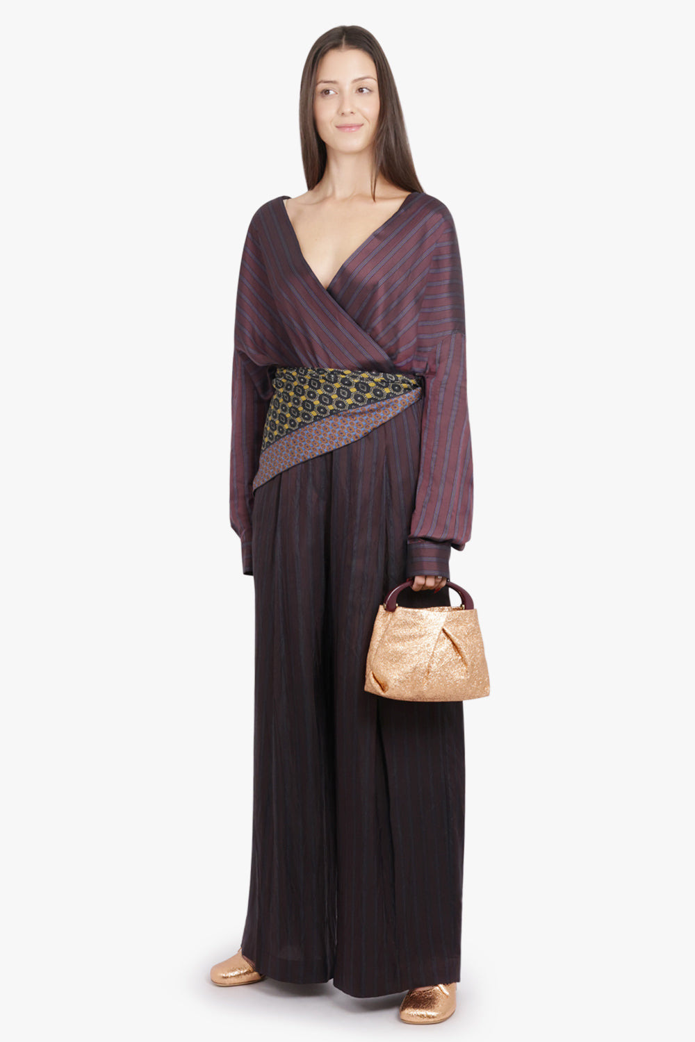 CAMIEL STRIPE L/S WRAP BLOUSE | BURGUNDY - 2