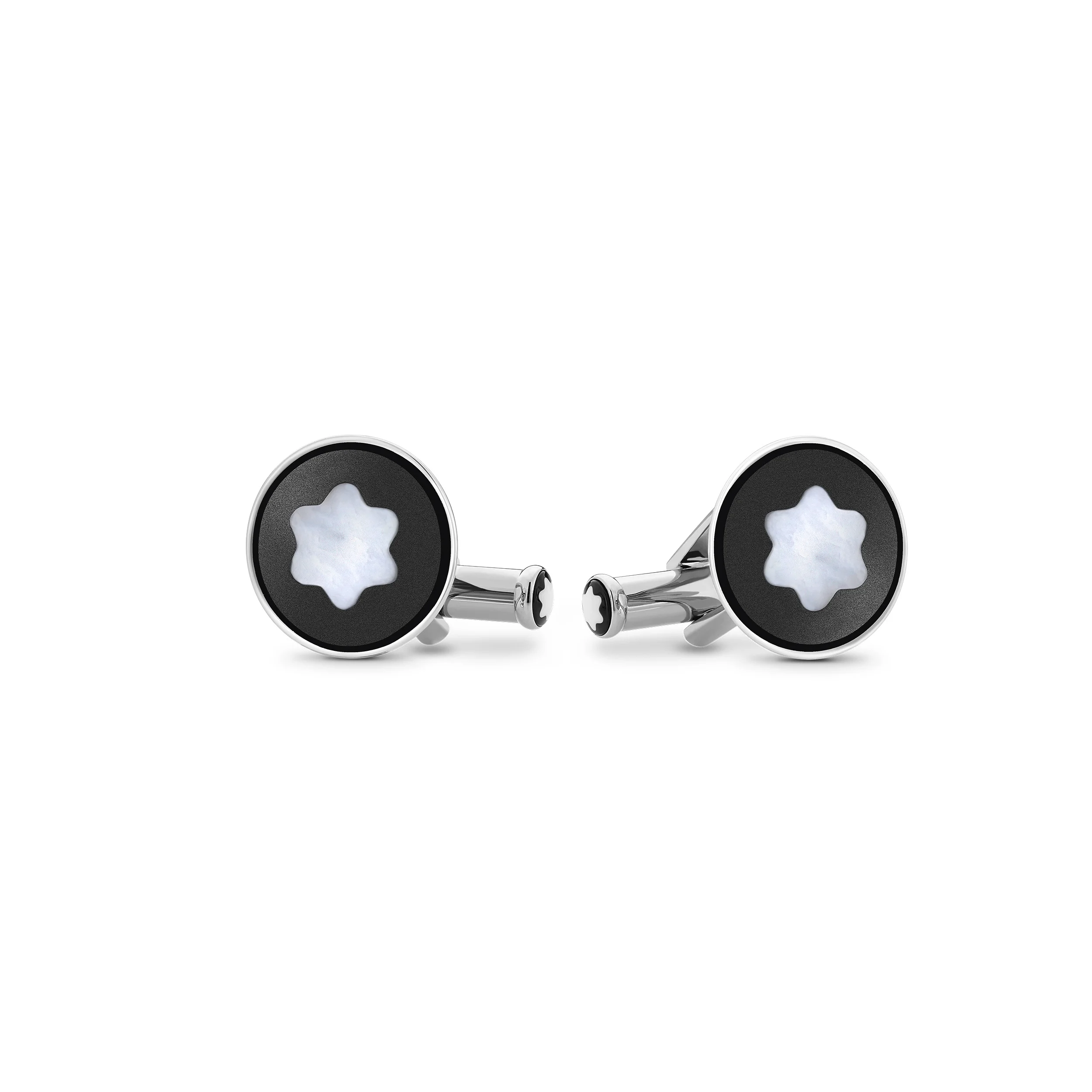 Cufflinks, round in stainless steel with black PVD inlay and mother-of-pearl snowcap emblem - 1