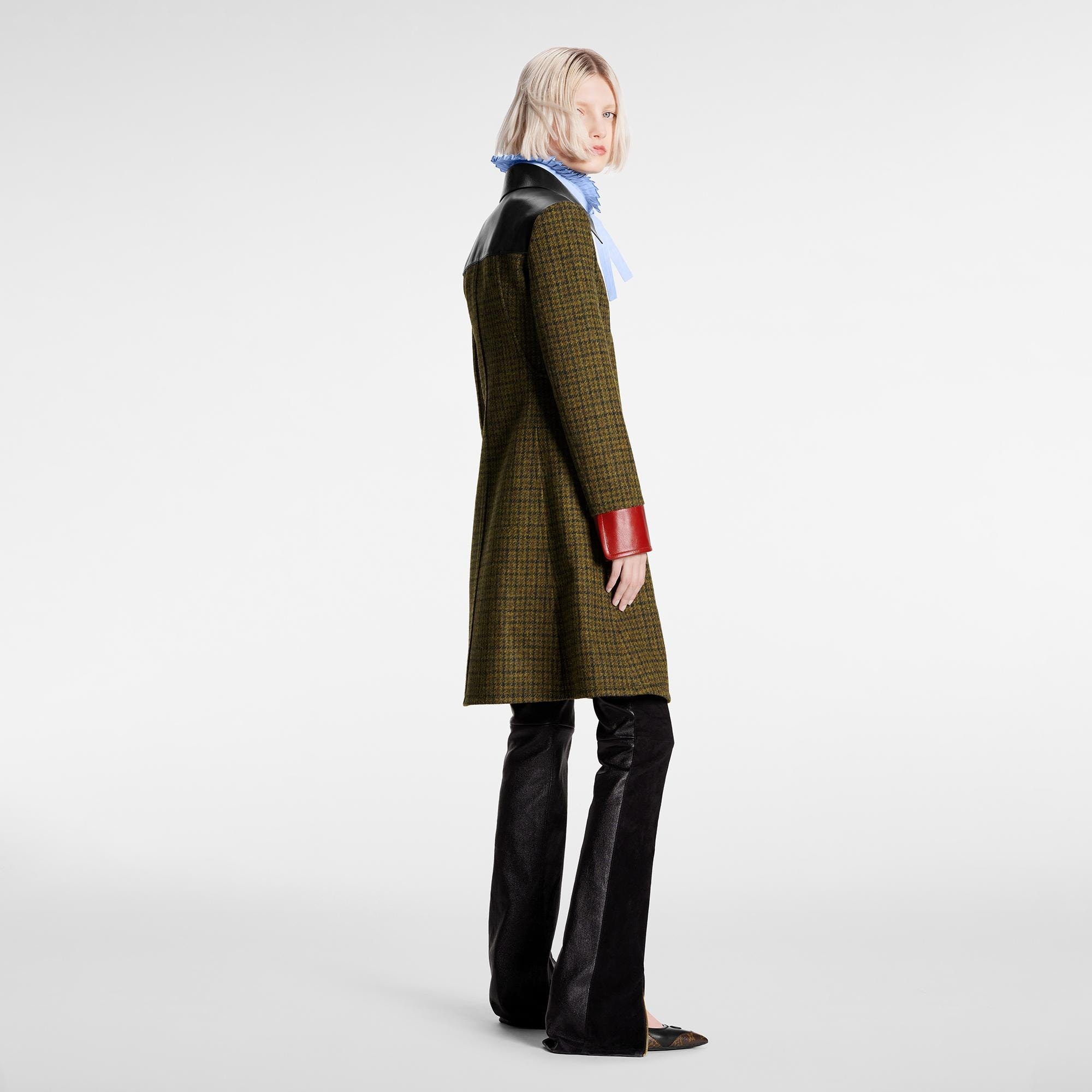 Leather Accent Houndstooth Coat - 3