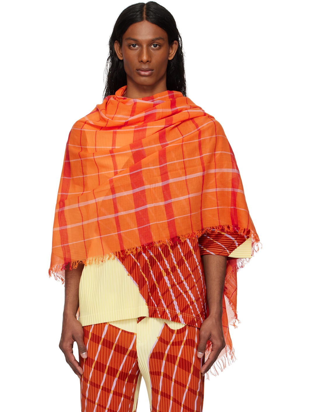 Orange Plaid Stole Scarf - 1