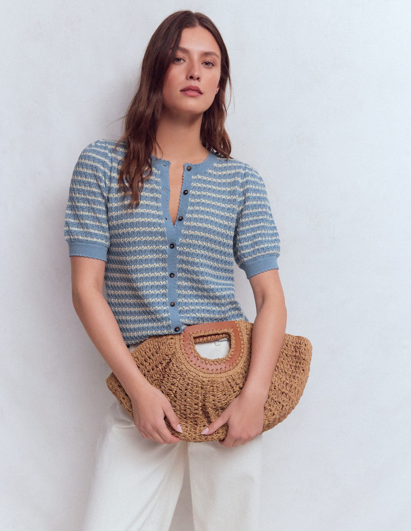 Dot Pointelle Cardigan-Blue Stripe 1