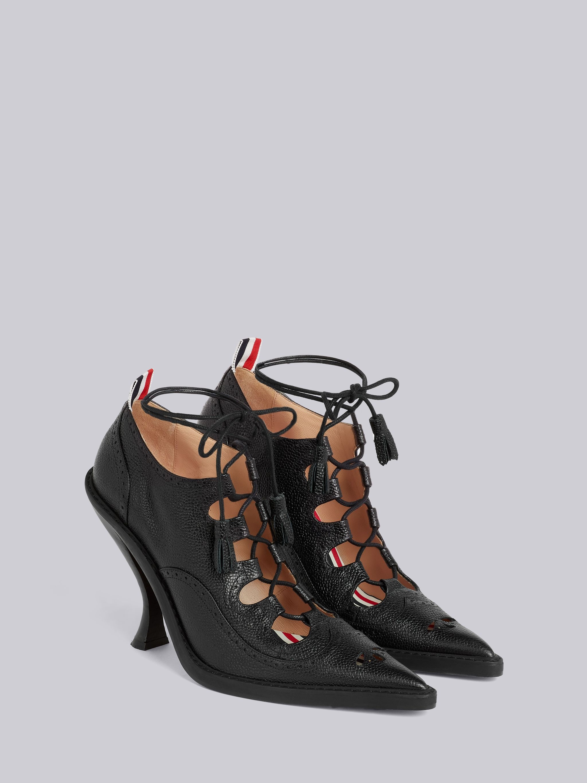 Black Pebbled Calfskin Ghillie Brogue Curved High Heel - 3