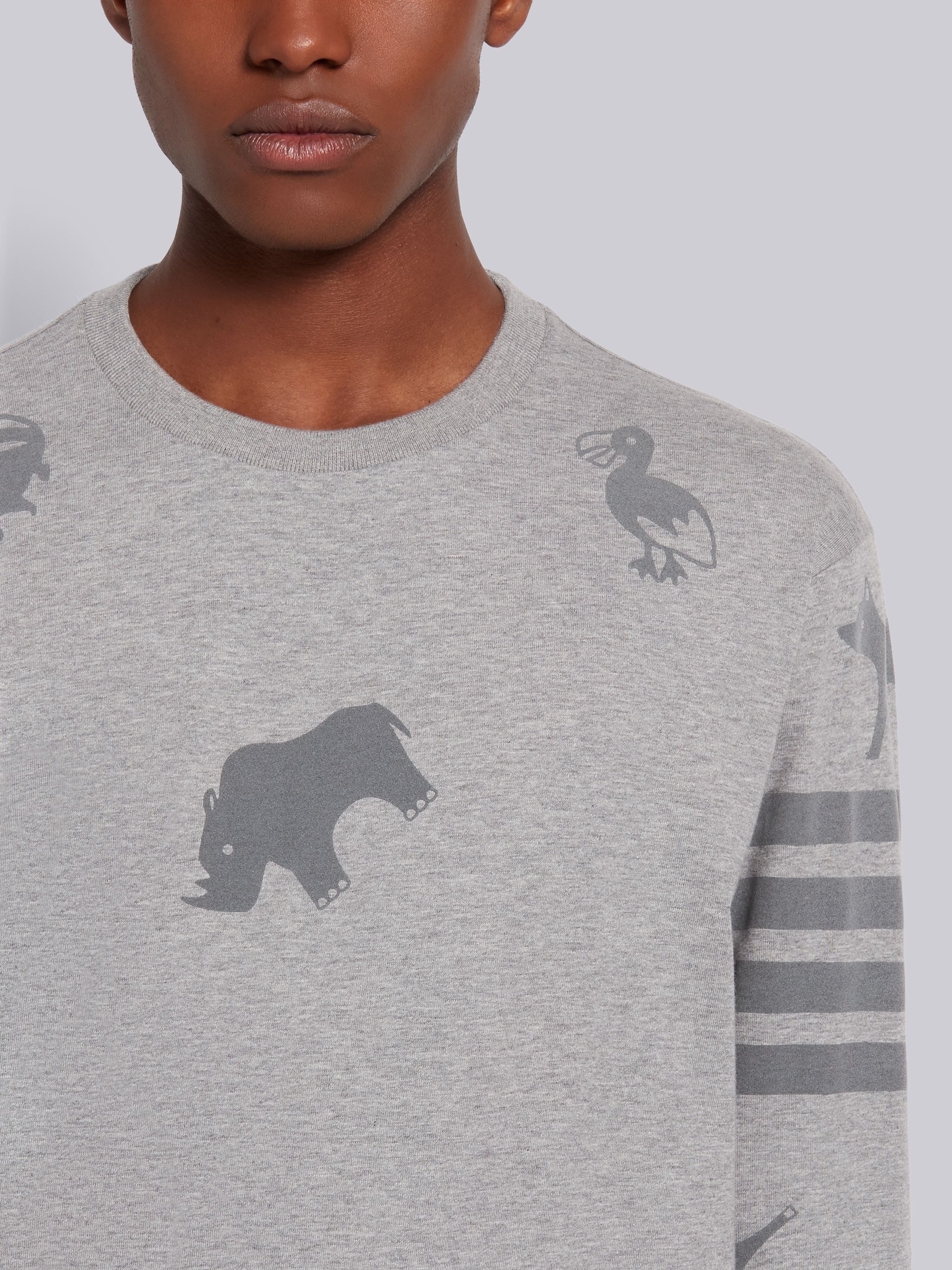 Light Grey Cotton Jersey Tonal Multi-Animal Icon 4-Bar Long Sleeve Tee - 5