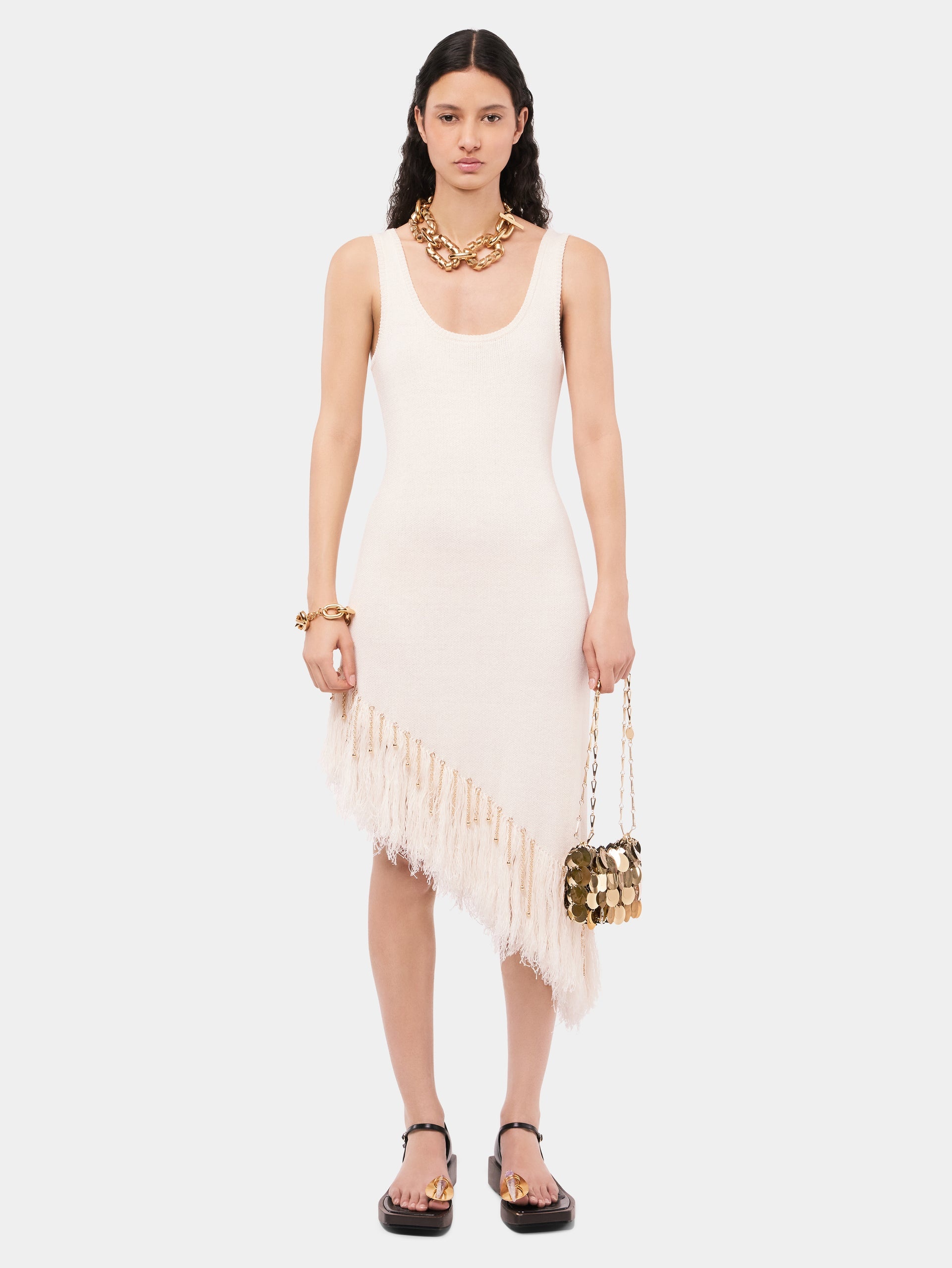 ASYMMETRICAL OFF WHITE WOVEN DRESS WITH KNITTED BEADS AND FEATHERS - 2