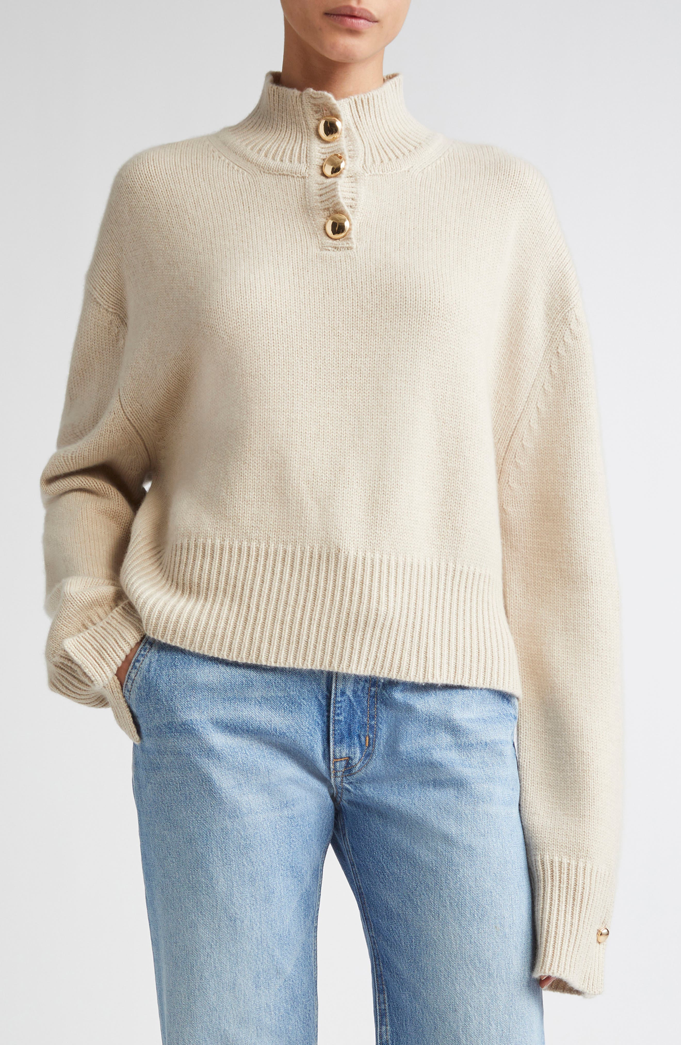 Brandon Maxwell The Rowe Crop Cashmere Henley Sweater in Oatmeal at Nordstrom - 1