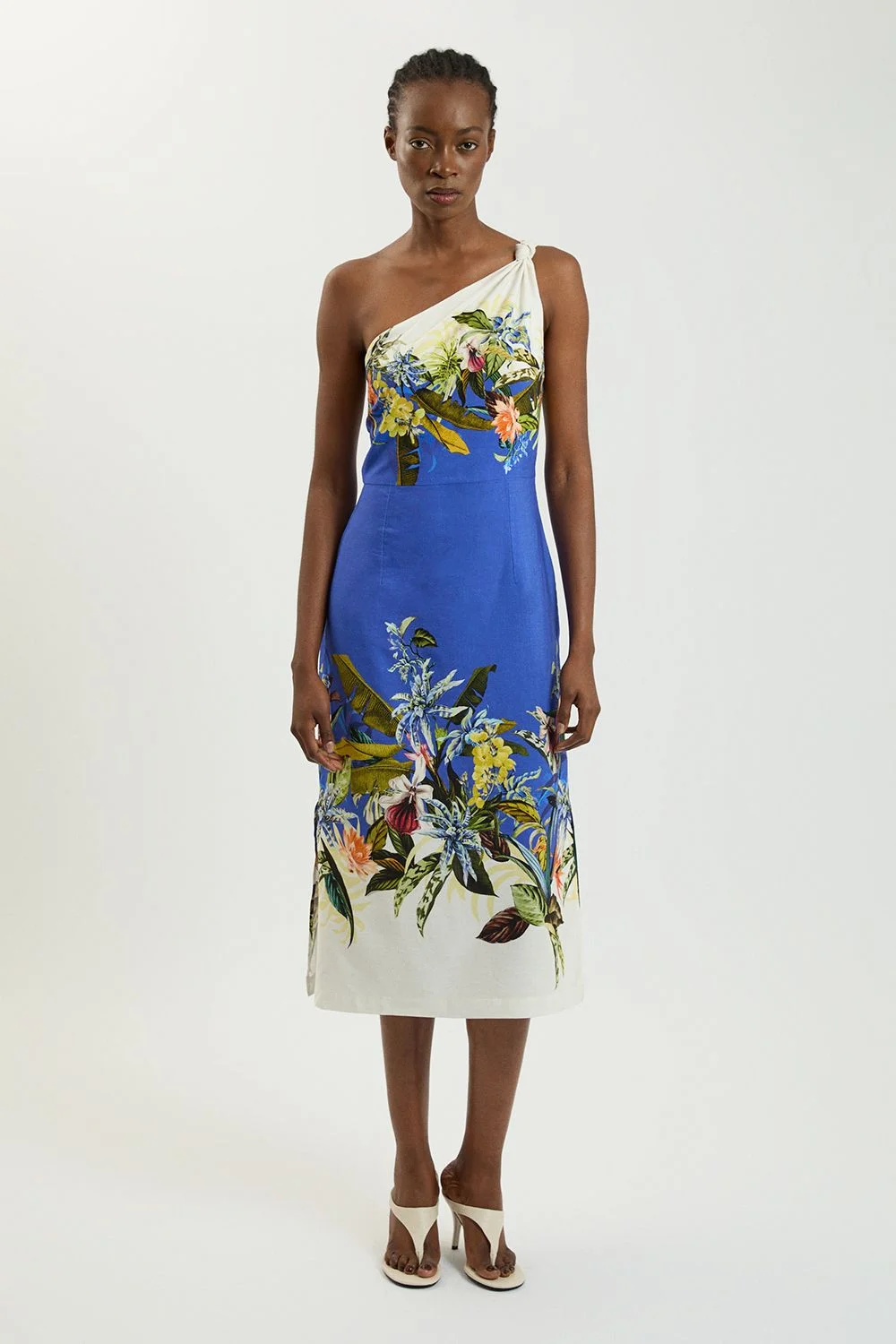 Placement Print Linen Viscose One Shoulder Midi Dress - 1
