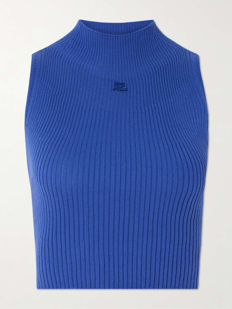 Cropped appliquéd ribbed cotton and merino wool-blend tank Blue - 1
