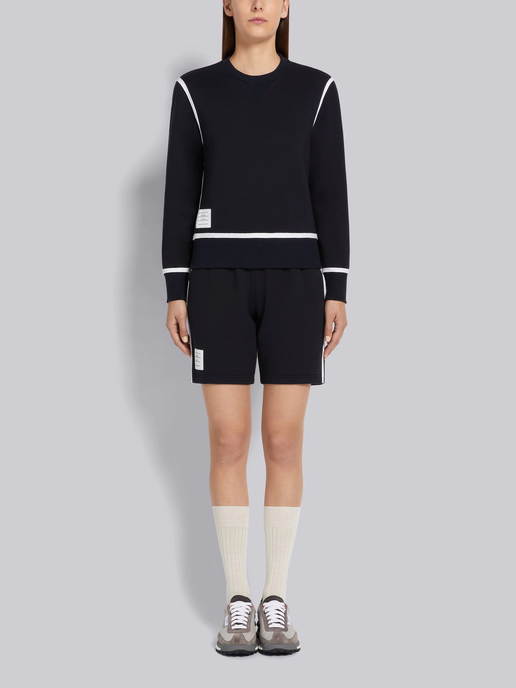 Navy Cotton Loopback Contrast Stripe Framing Mid-thigh Shorts - 4