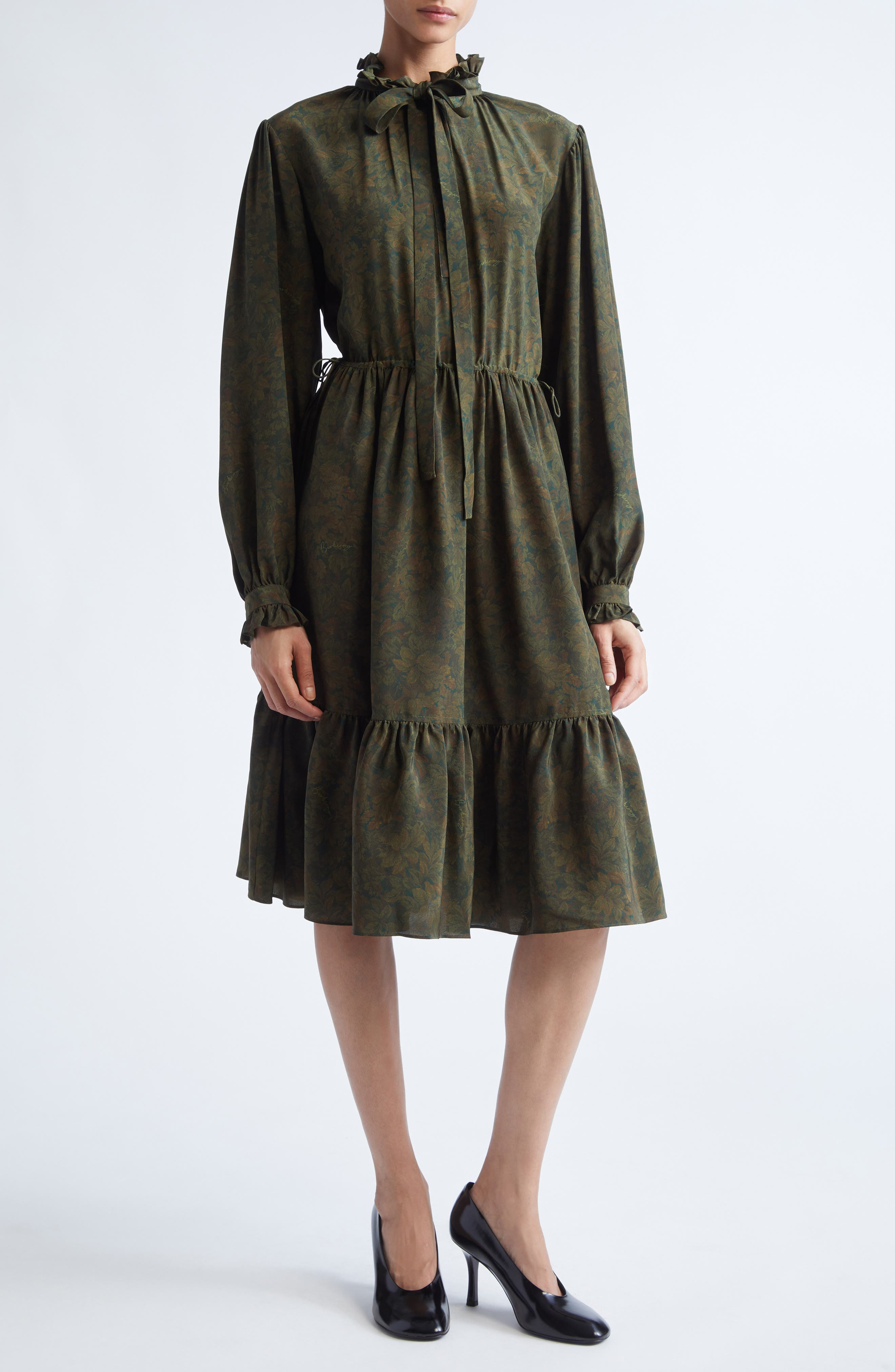 burberry Colette Floral Tie Neck Long Sleeve Tiered Silk Dress in Moat Ip Pattern at Nordstrom - 1