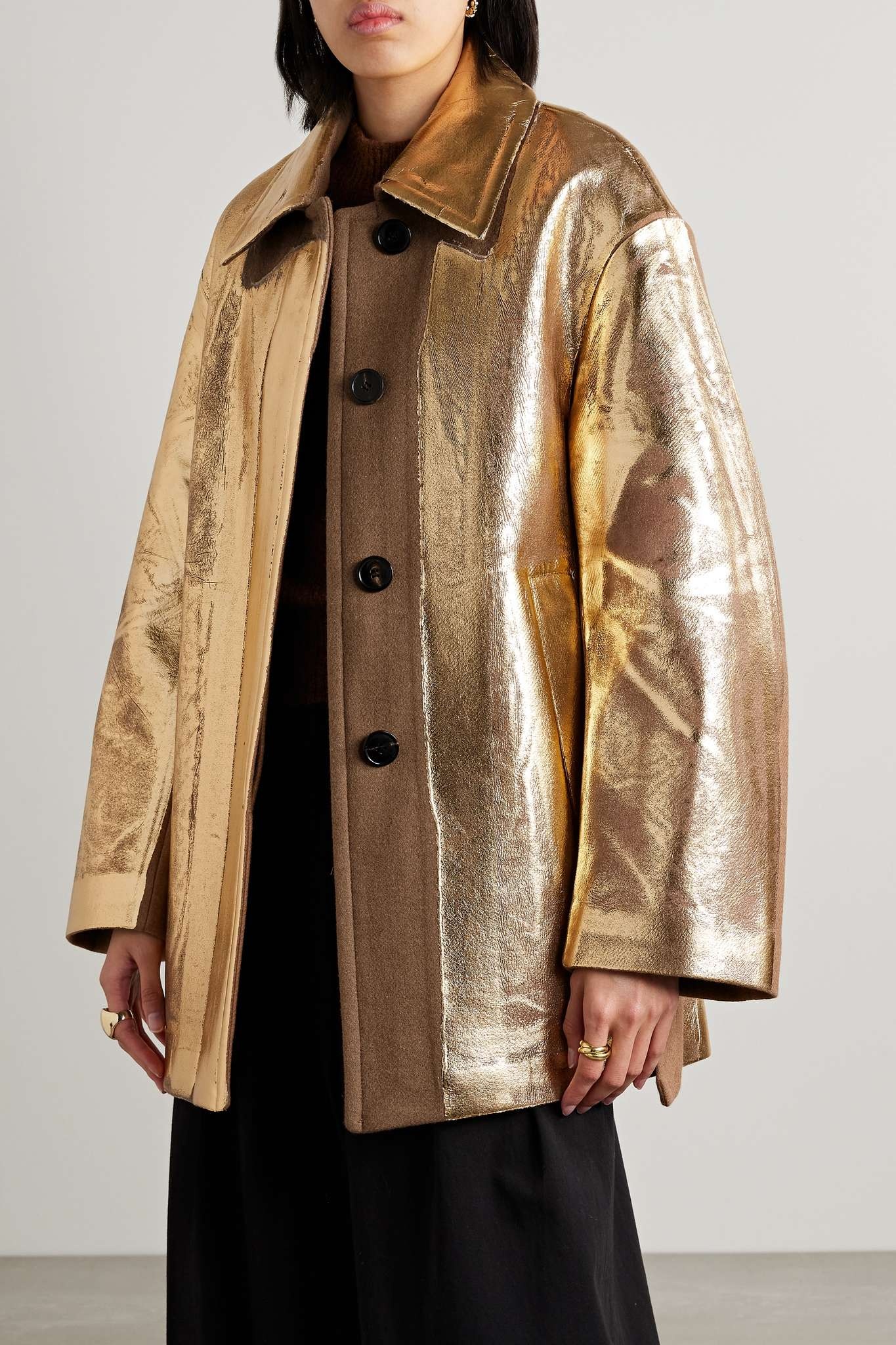 Belted metallic coated wool-blend coat - 3
